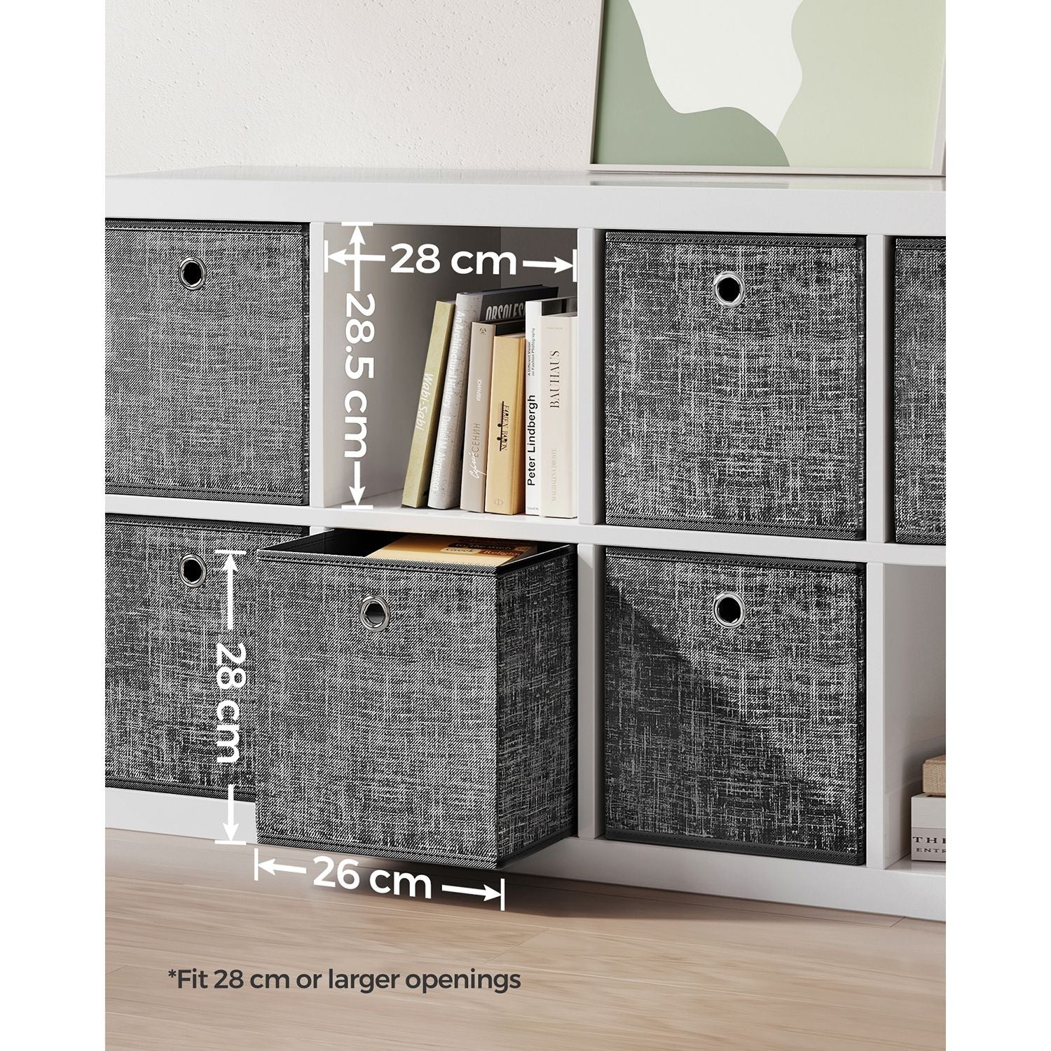 Set of 6 Foldable Fabric Storage Boxes - 30 x 30 x 30 cm - Heathered Black - Convenient Fingerhole
