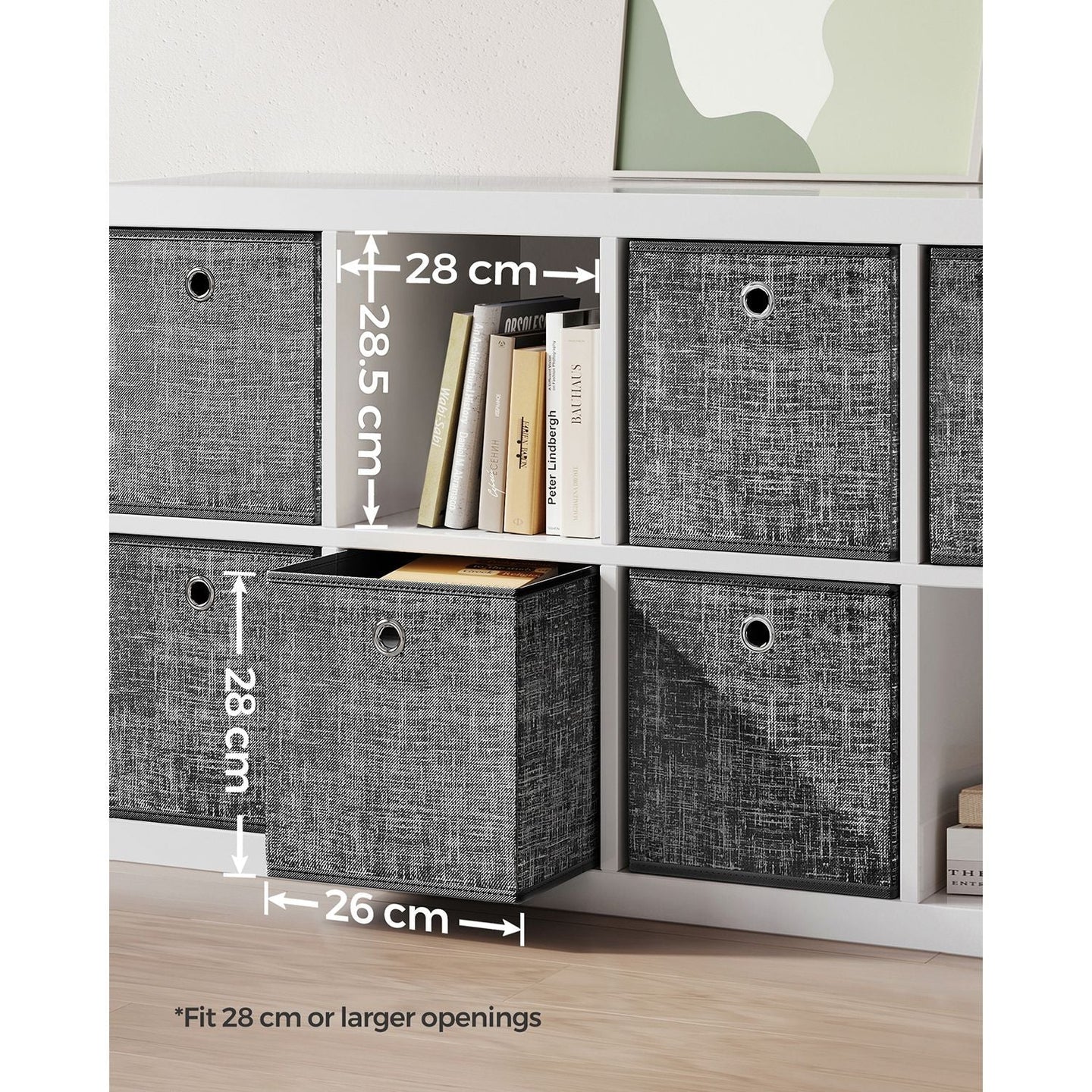 Set of 6 Foldable Fabric Storage Boxes - 30 x 30 x 30 cm - Heathered Black - Convenient Fingerhole