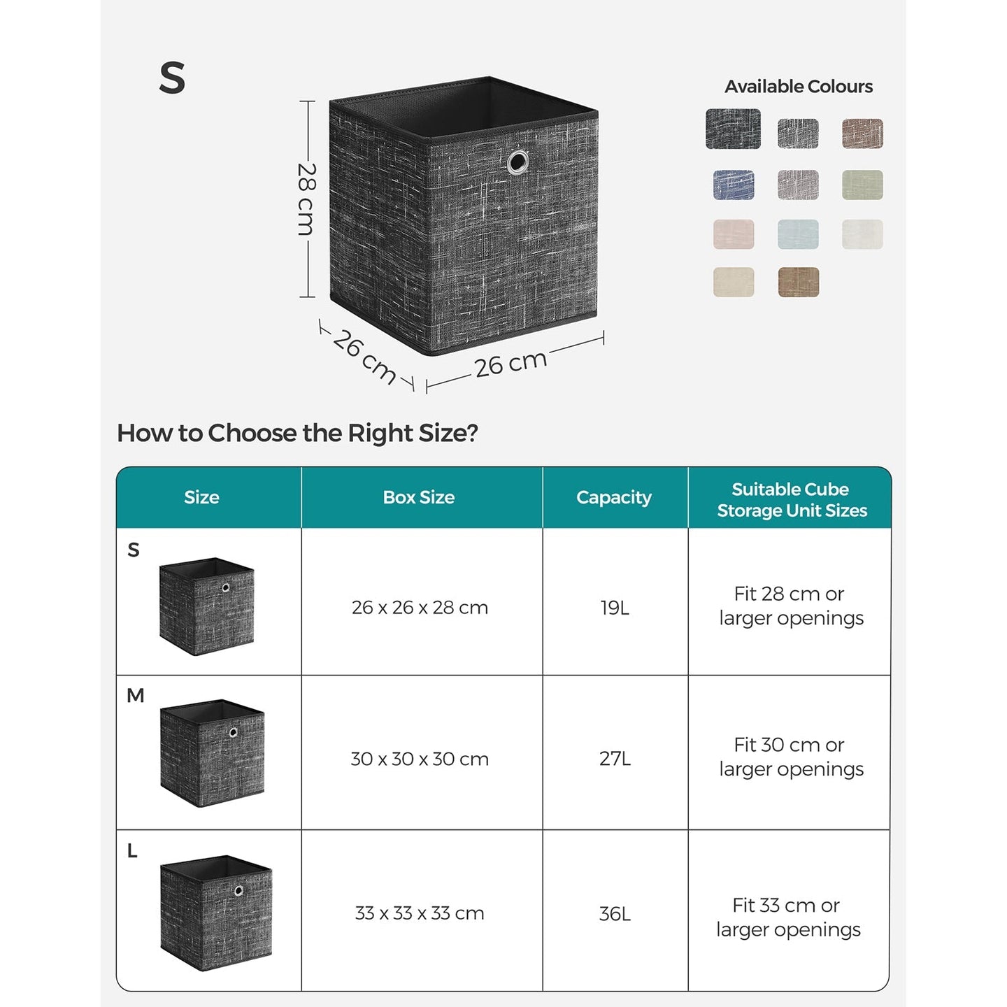 Set of 6 Foldable Fabric Storage Boxes - 30 x 30 x 30 cm - Heathered Black - Convenient Fingerhole