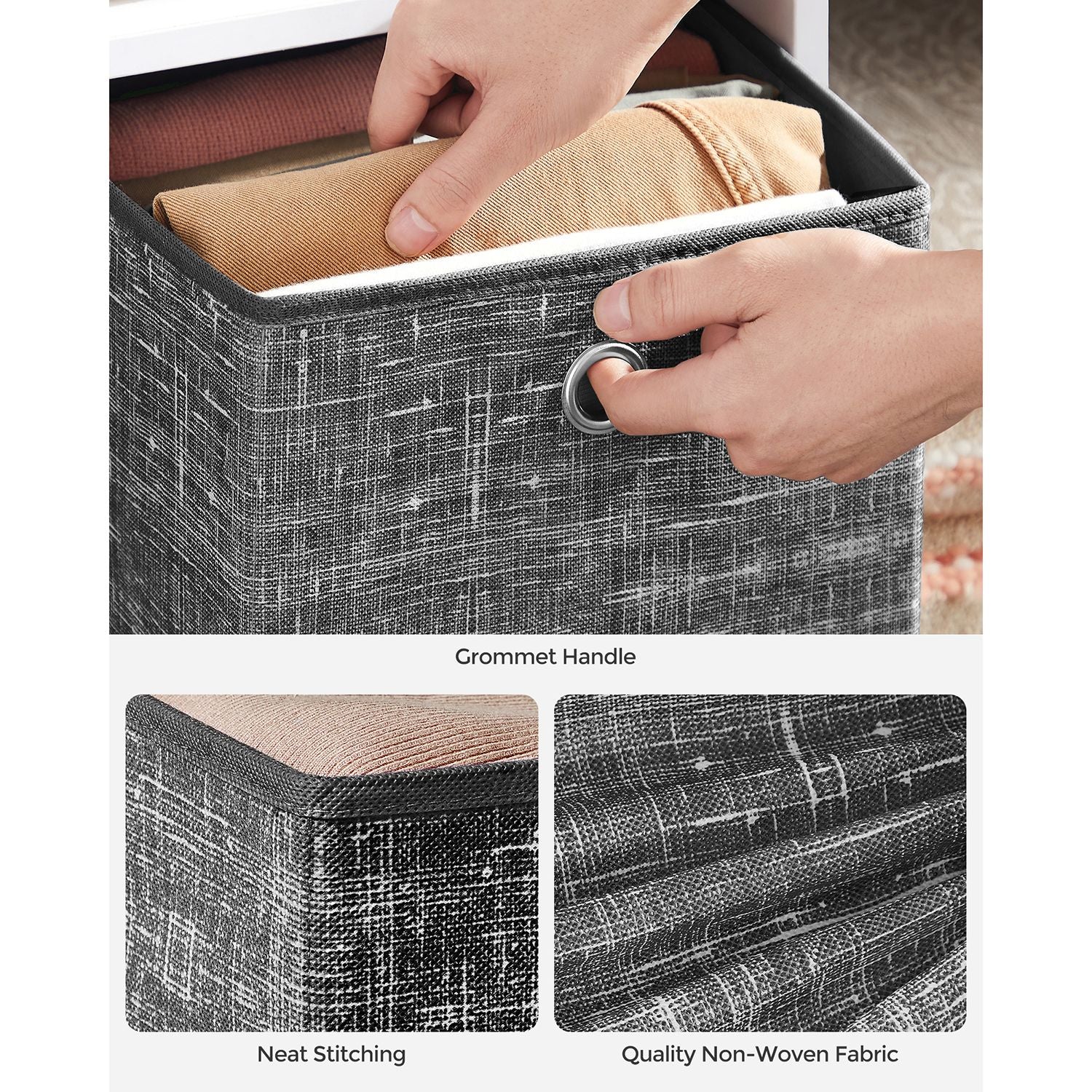Set of 6 Foldable Fabric Storage Boxes - 30 x 30 x 30 cm - Heathered Black - Convenient Fingerhole