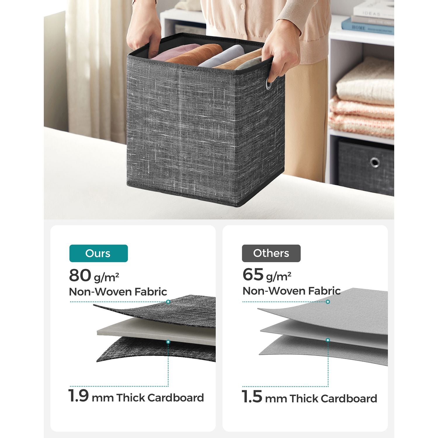 Set of 6 Foldable Fabric Storage Boxes - 30 x 30 x 30 cm - Heathered Black - Convenient Fingerhole