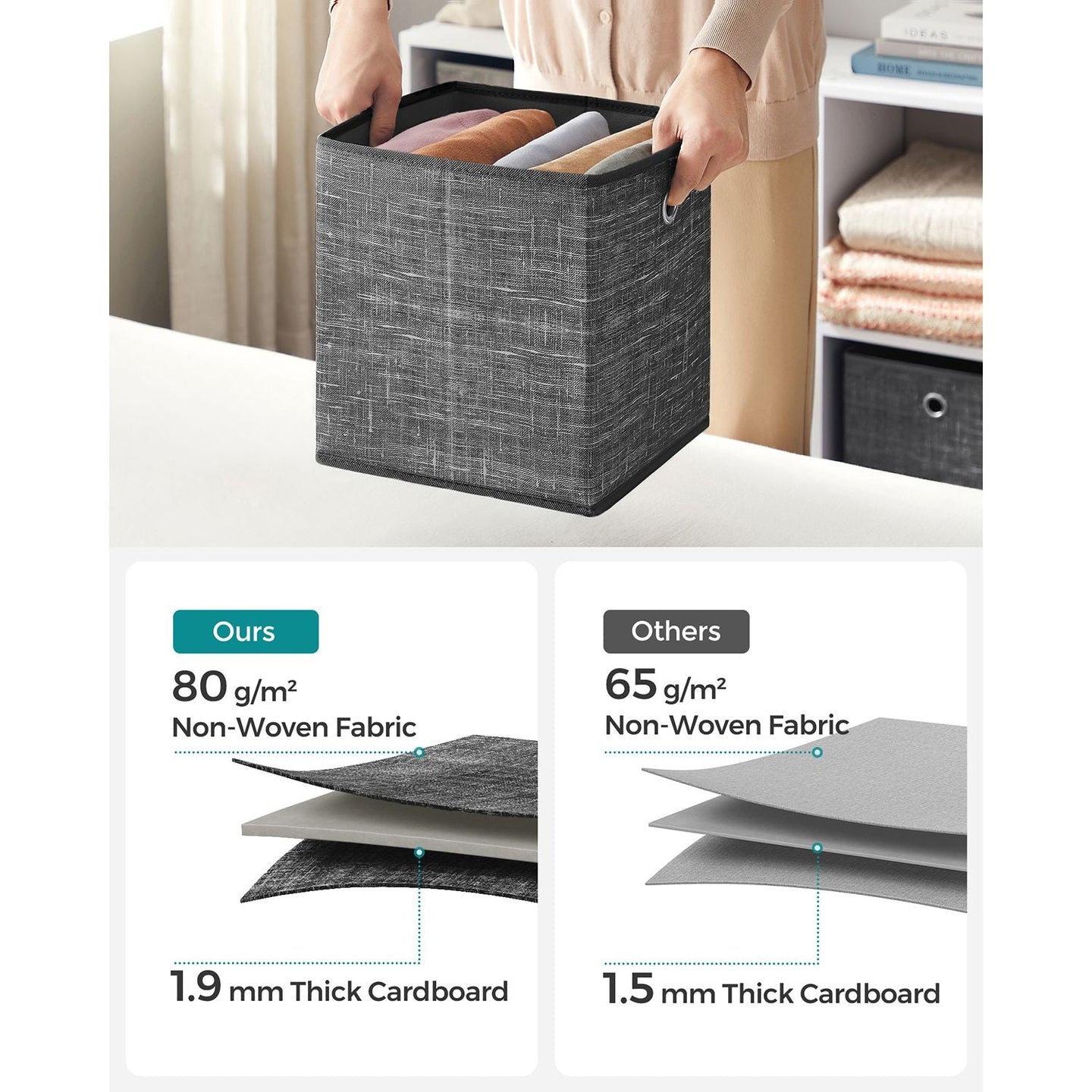 Set of 6 Foldable Fabric Storage Boxes - 30 x 30 x 30 cm - Heathered Black - Convenient Fingerhole