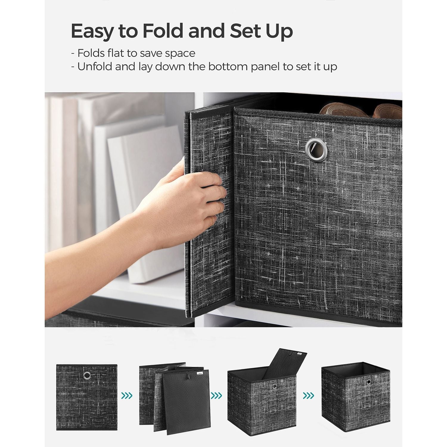 Set of 6 Foldable Fabric Storage Boxes - 30 x 30 x 30 cm - Heathered Black - Convenient Fingerhole