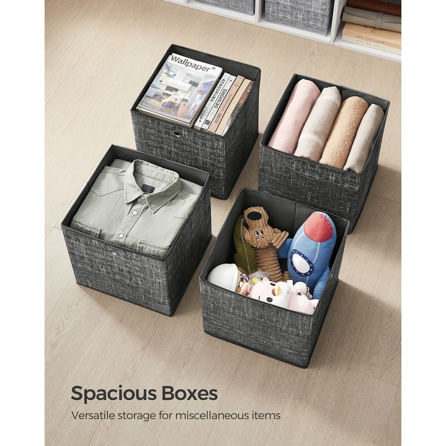 Set of 6 Foldable Fabric Storage Boxes - 30 x 30 x 30 cm - Heathered Black - Convenient Fingerhole