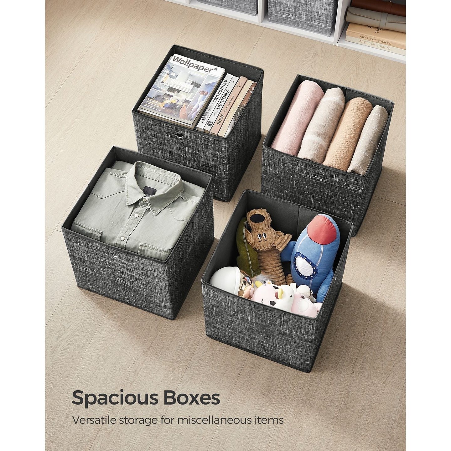Set of 6 Foldable Fabric Storage Boxes - 30 x 30 x 30 cm - Heathered Black - Convenient Fingerhole