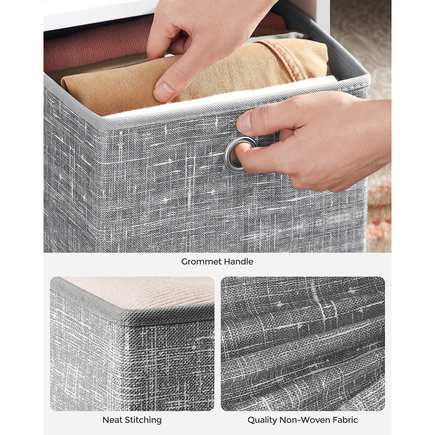 Fabric Storage Boxes - Set of 6 - Heathered Grey - Foldable with Fingerhole