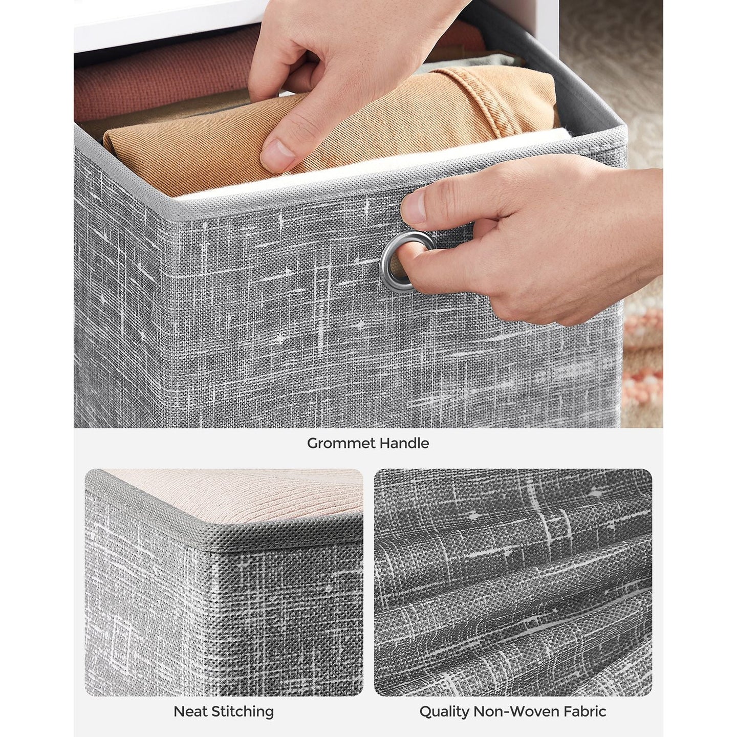 Fabric Storage Boxes - Set of 6 - Heathered Grey - Foldable with Fingerhole