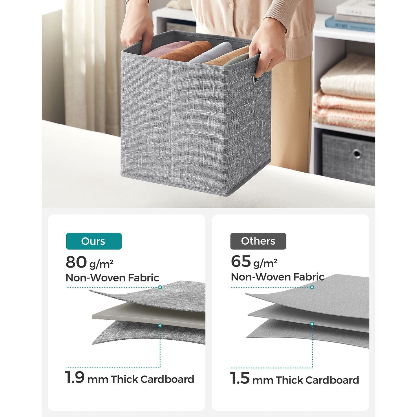 Fabric Storage Boxes - Set of 6 - Heathered Grey - Foldable with Fingerhole