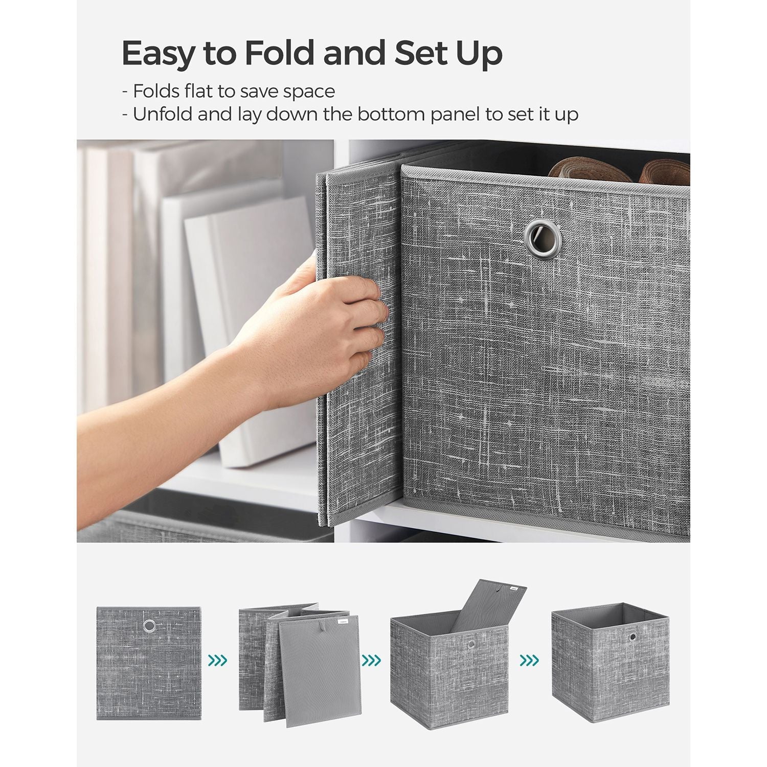 Fabric Storage Boxes - Set of 6 - Heathered Grey - Foldable with Fingerhole