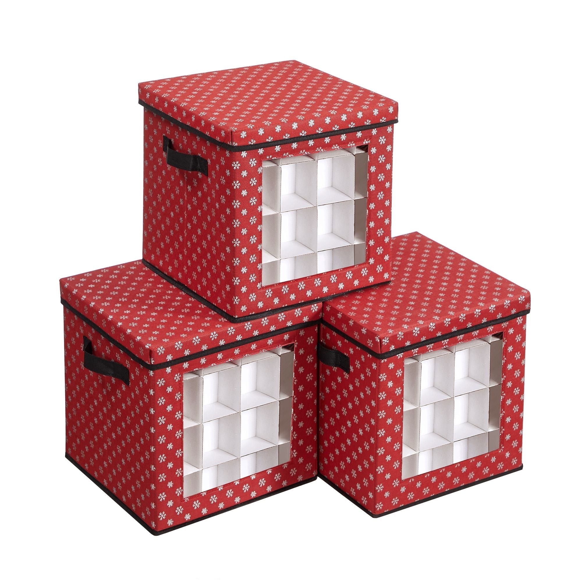 Christmas Bauble Storage Boxes - Fabric - Green - Set of 3 with 64 Compartments and Modular Dividers