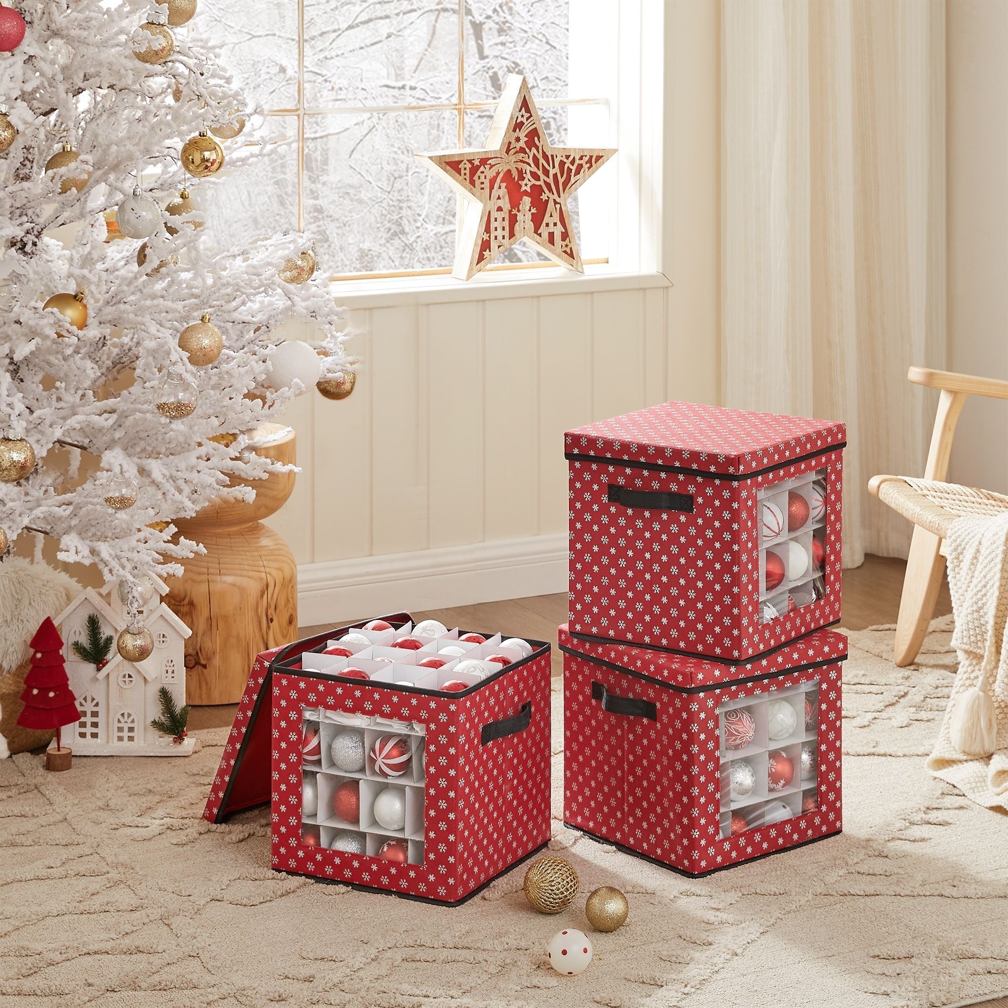 Christmas Bauble Storage Boxes - Fabric - Green - Set of 3 with 64 Compartments and Modular Dividers