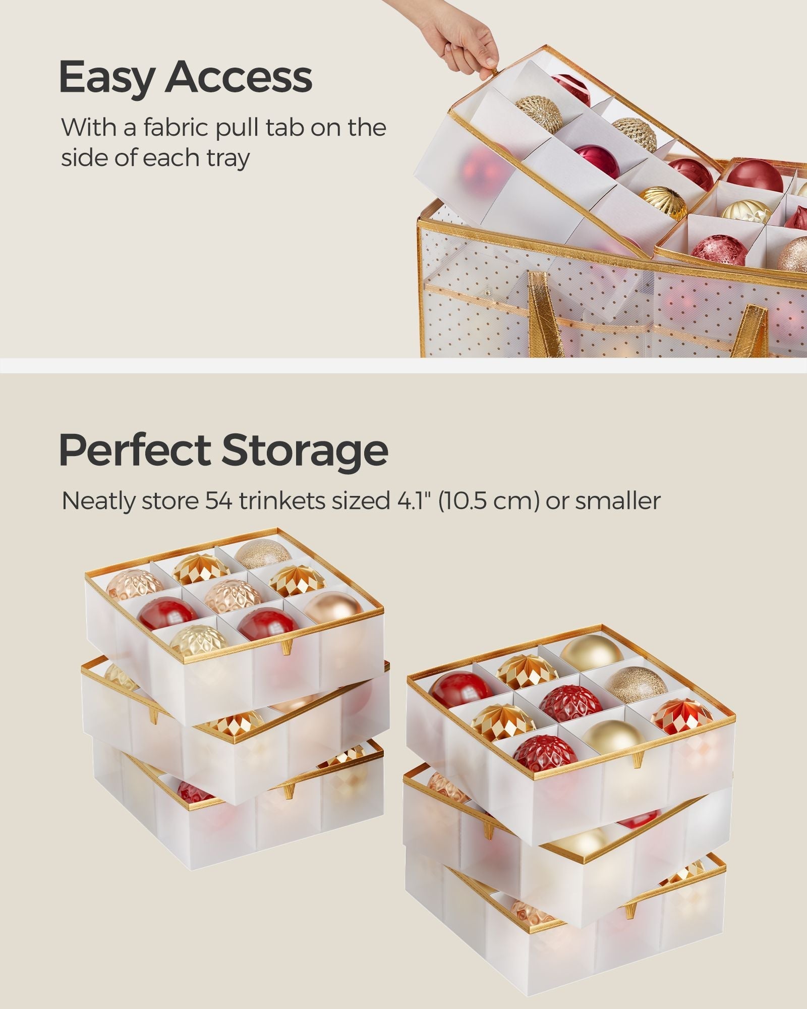 Christmas Bauble Storage Box - Plastic - Sandy Gold - 54 Slots with Lid and Dual Zippers
