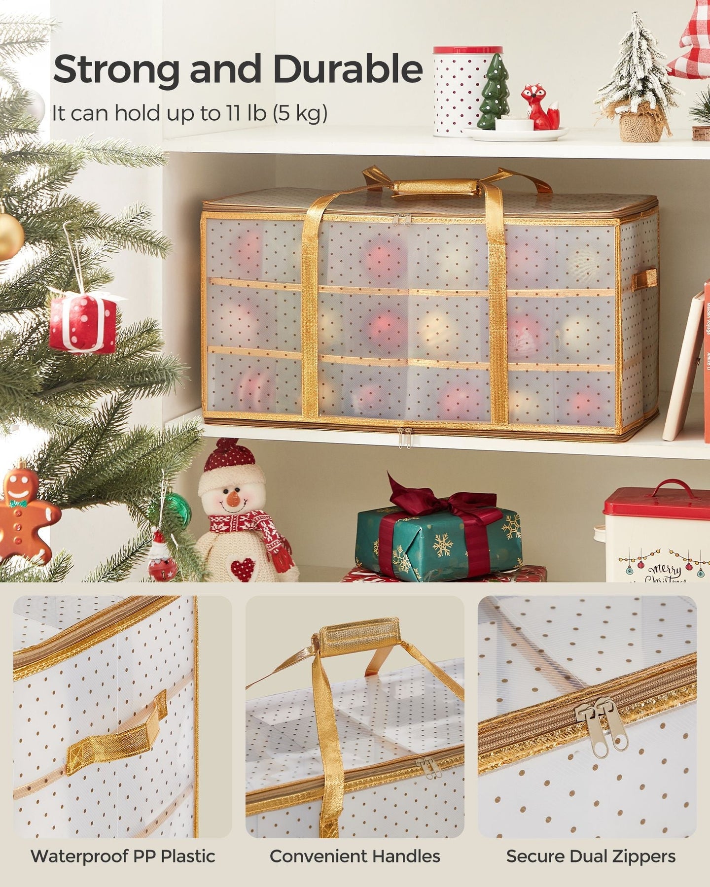 Christmas Bauble Storage Box - Plastic - Sandy Gold - 54 Slots with Lid and Dual Zippers