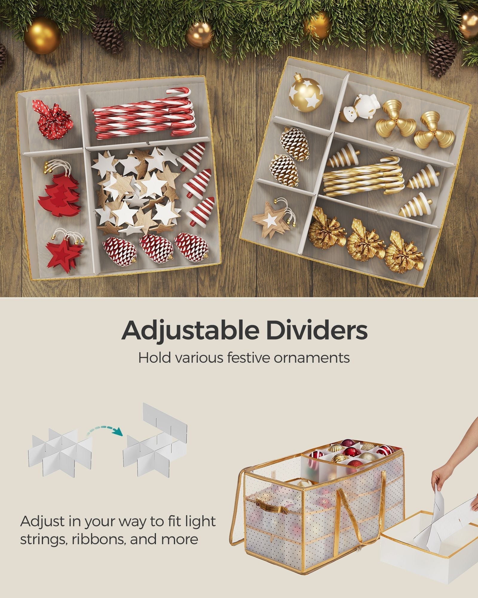 Christmas Bauble Storage Box - Plastic - Sandy Gold - 54 Slots with Lid and Dual Zippers