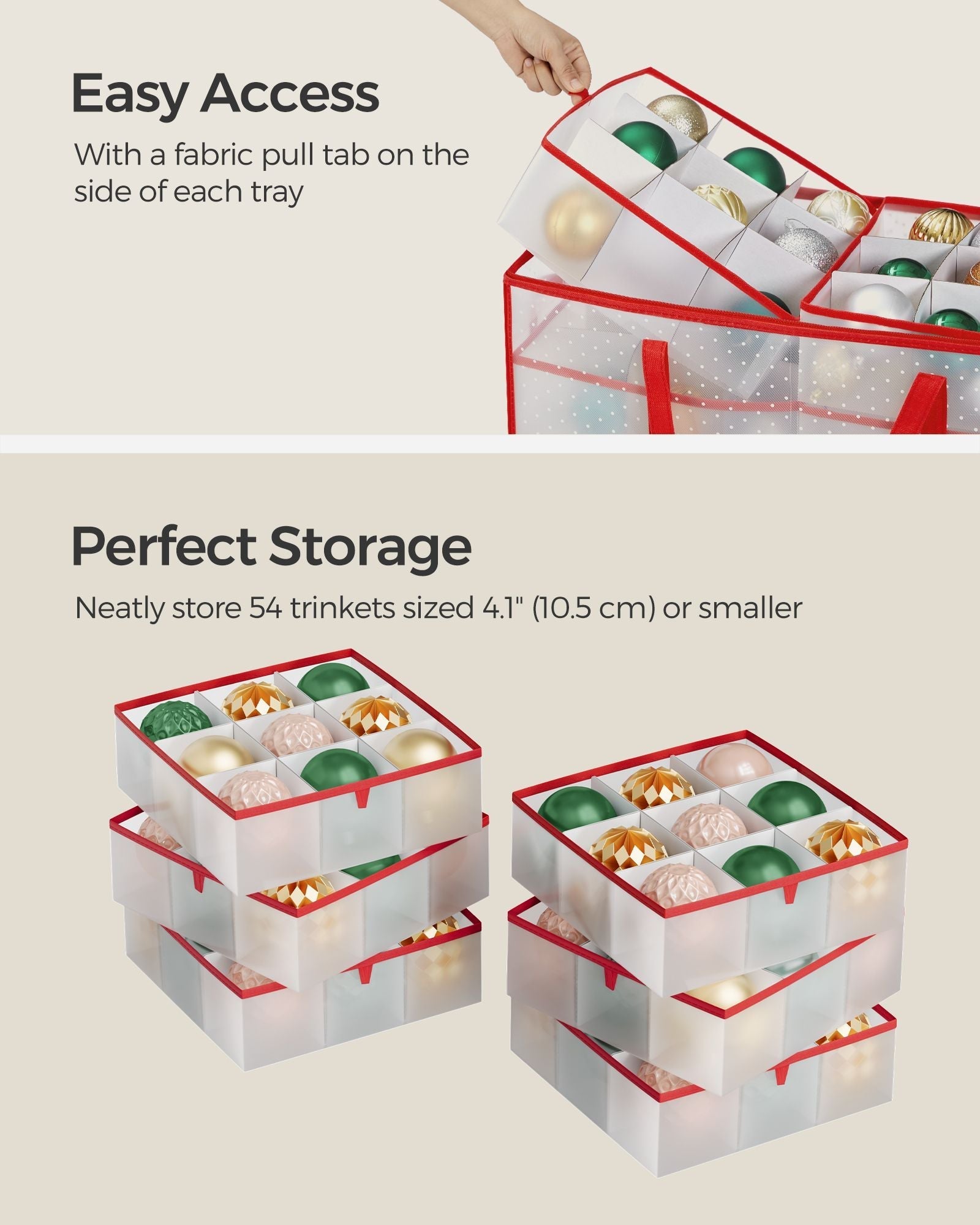 Christmas Bauble Storage Box - Plastic - Sandy Gold - 54 Slots with Lid and Dual Zippers