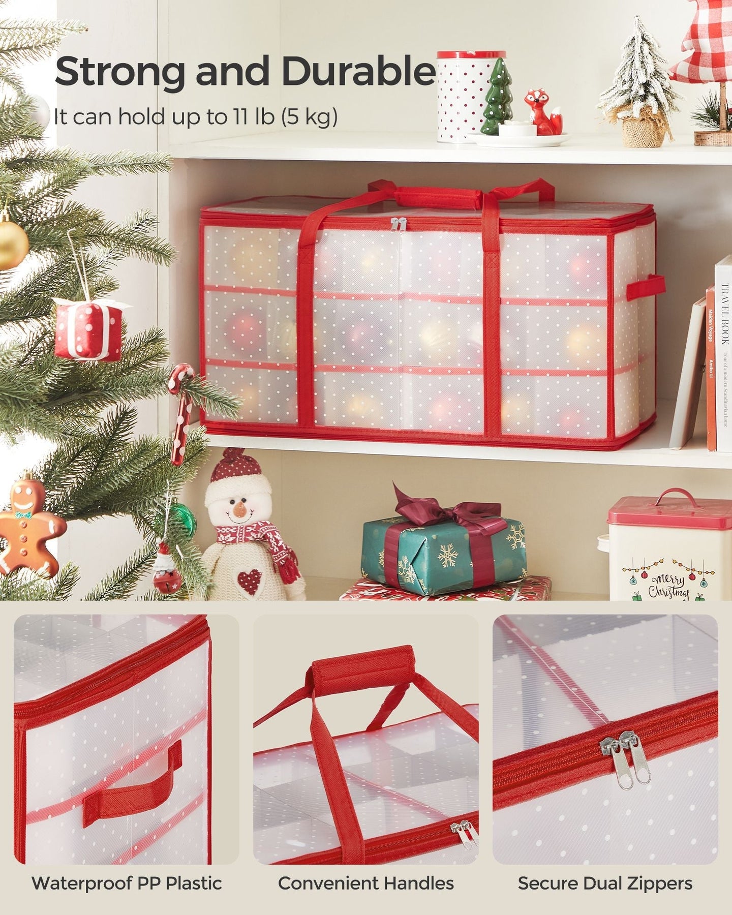 Christmas Bauble Storage Box - Plastic - Sandy Gold - 54 Slots with Lid and Dual Zippers