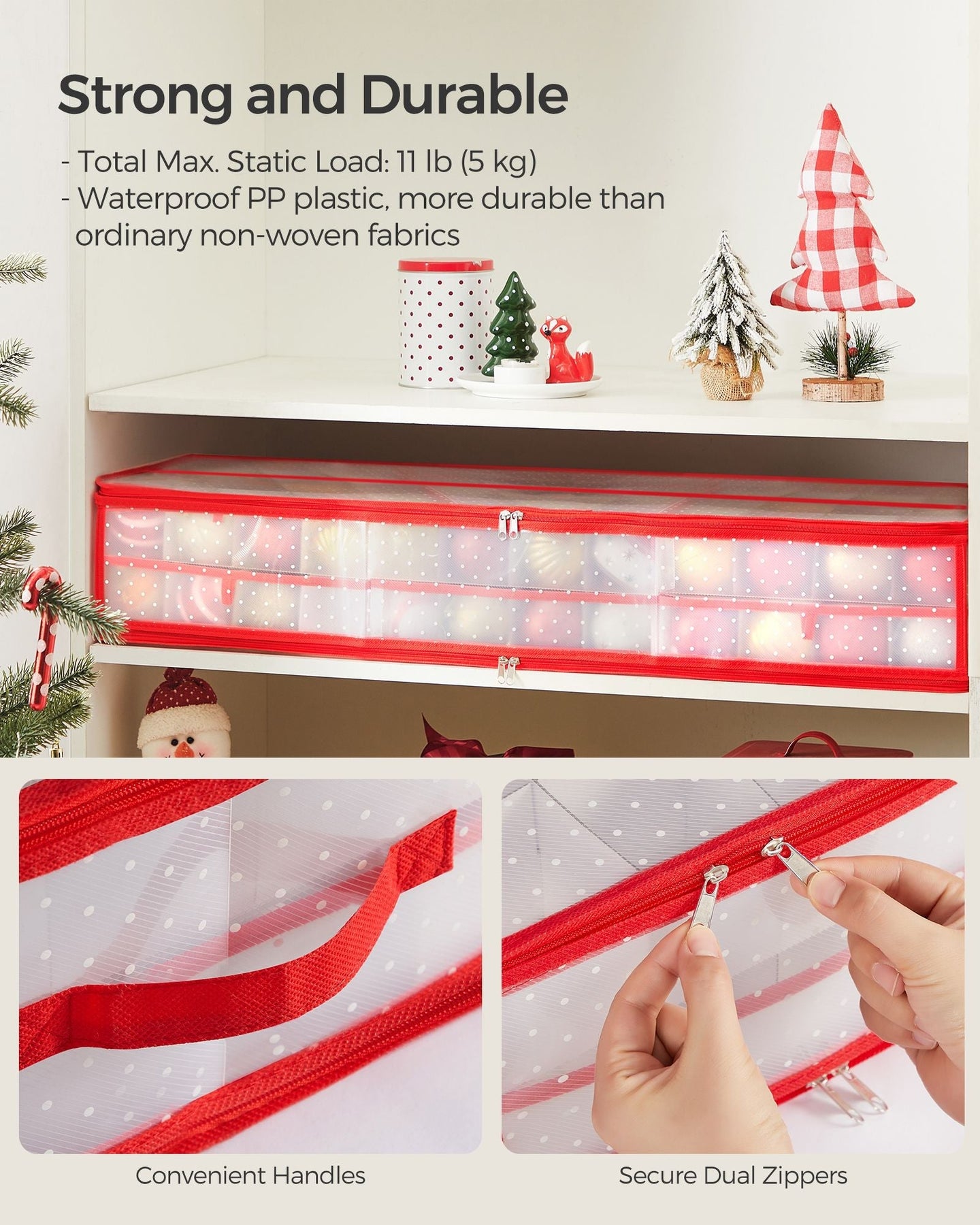 Christmas Ornament Storage Box - Fabric - Cherry Red - 96 Slots with Dividers and Zippers