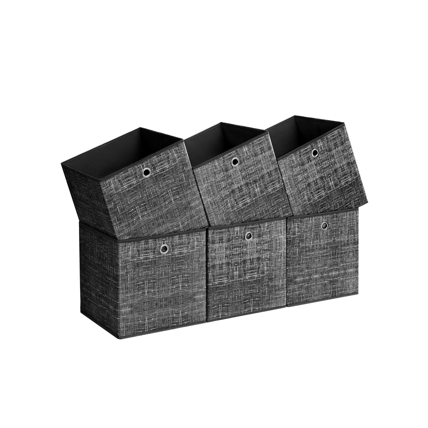 Set of 6 Foldable Fabric Storage Boxes - 30 x 30 x 30 cm - Heathered Black - Convenient Fingerhole
