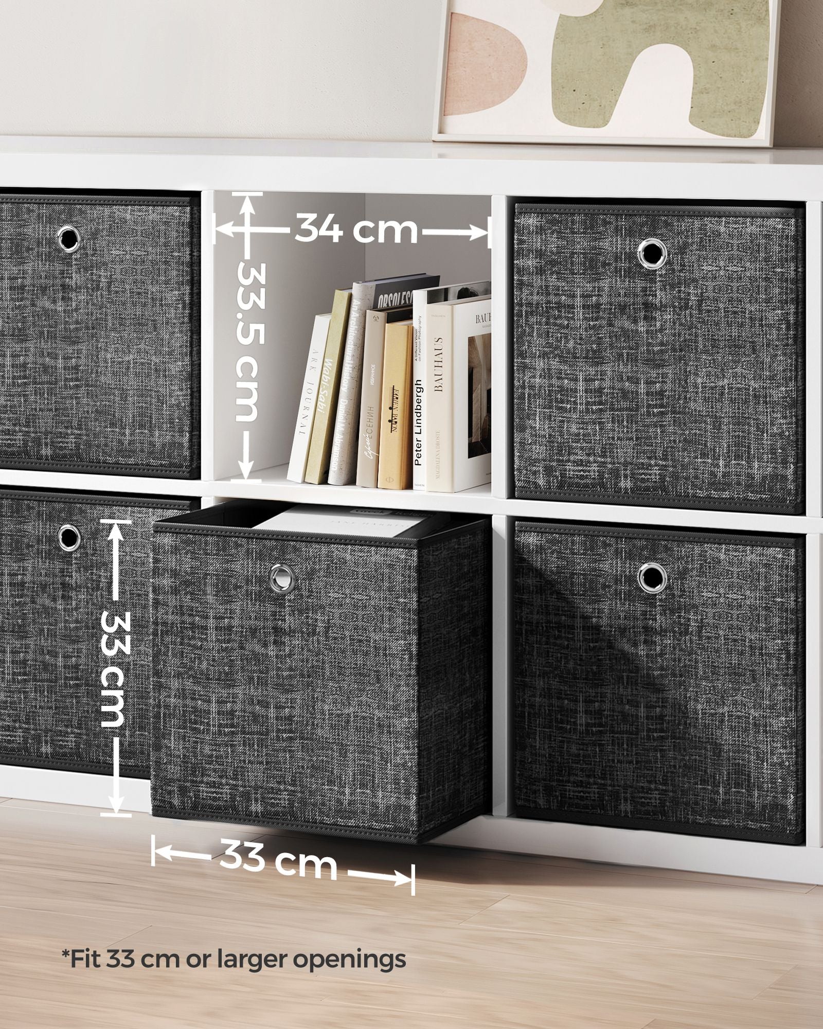 Set of 6 Foldable Fabric Storage Boxes - 30 x 30 x 30 cm - Heathered Black - Convenient Fingerhole