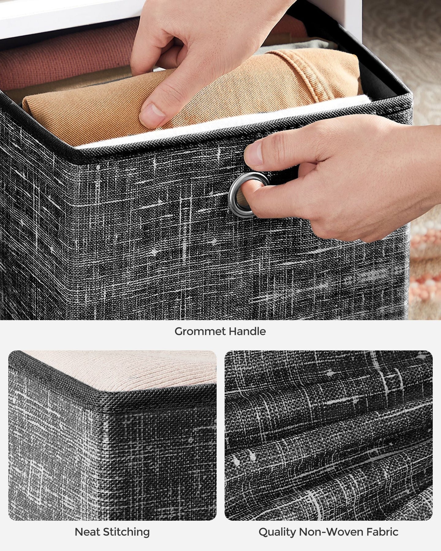 Set of 6 Foldable Fabric Storage Boxes - 30 x 30 x 30 cm - Heathered Black - Convenient Fingerhole