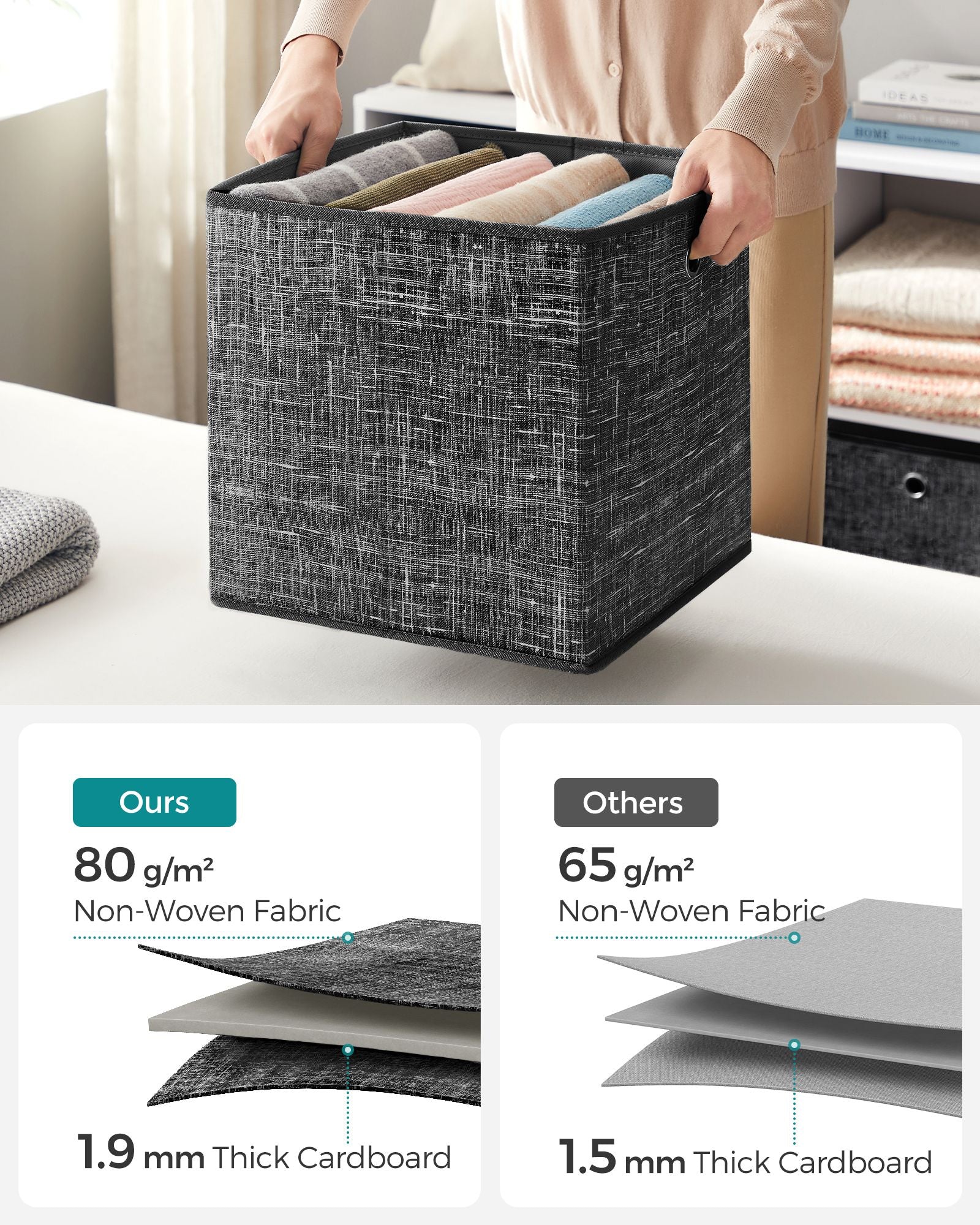 Set of 6 Foldable Fabric Storage Boxes - 30 x 30 x 30 cm - Heathered Black - Convenient Fingerhole