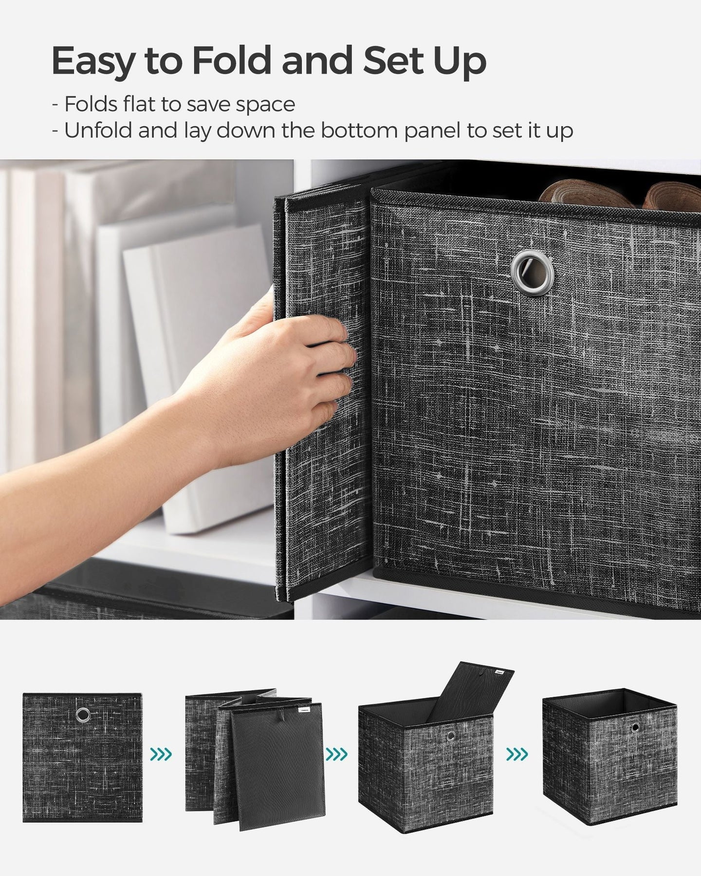 Set of 6 Foldable Fabric Storage Boxes - 30 x 30 x 30 cm - Heathered Black - Convenient Fingerhole