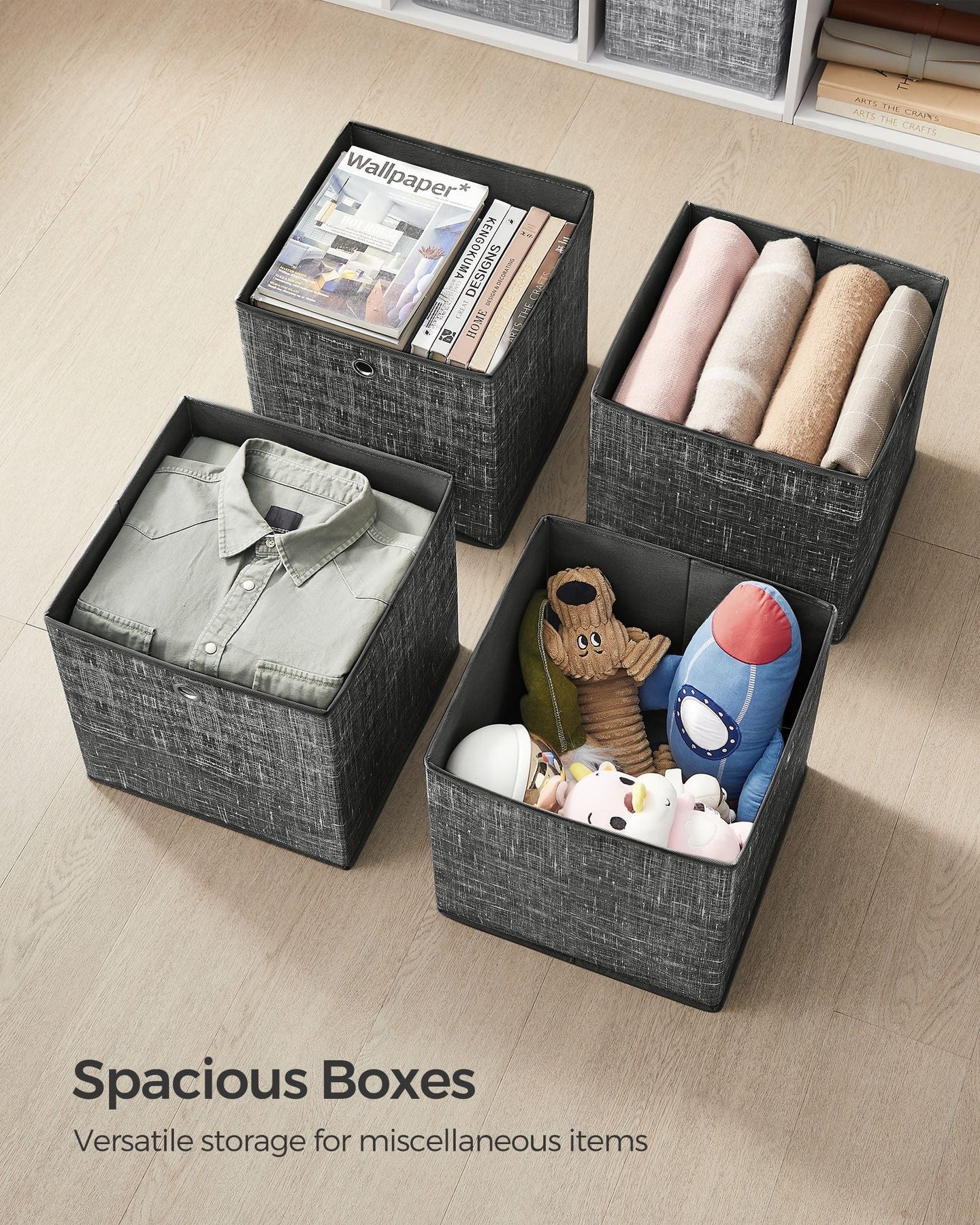 Set of 6 Foldable Fabric Storage Boxes - 30 x 30 x 30 cm - Heathered Black - Convenient Fingerhole