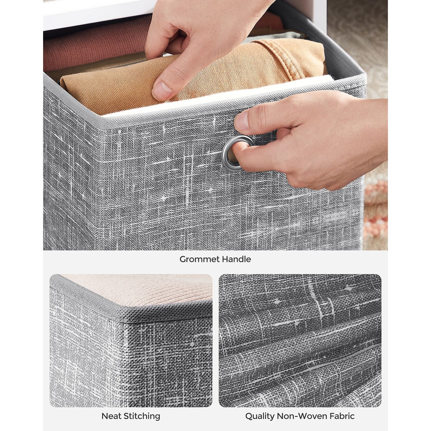 Fabric Storage Boxes - Set of 6 - Heathered Grey - Foldable with Fingerhole