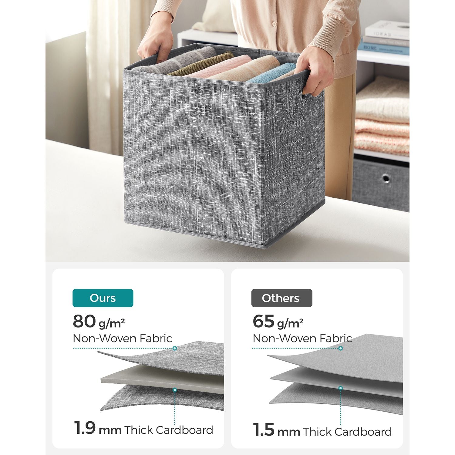 Fabric Storage Boxes - Set of 6 - Heathered Grey - Foldable with Fingerhole