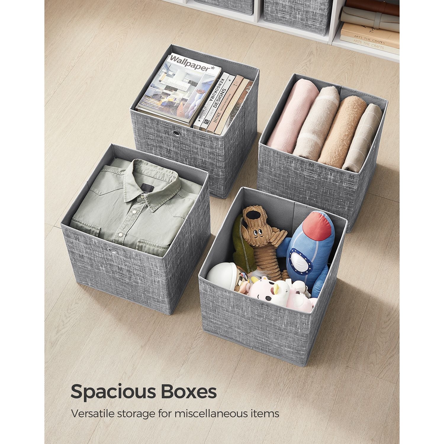 Fabric Storage Boxes - Set of 6 - Heathered Grey - Foldable with Fingerhole