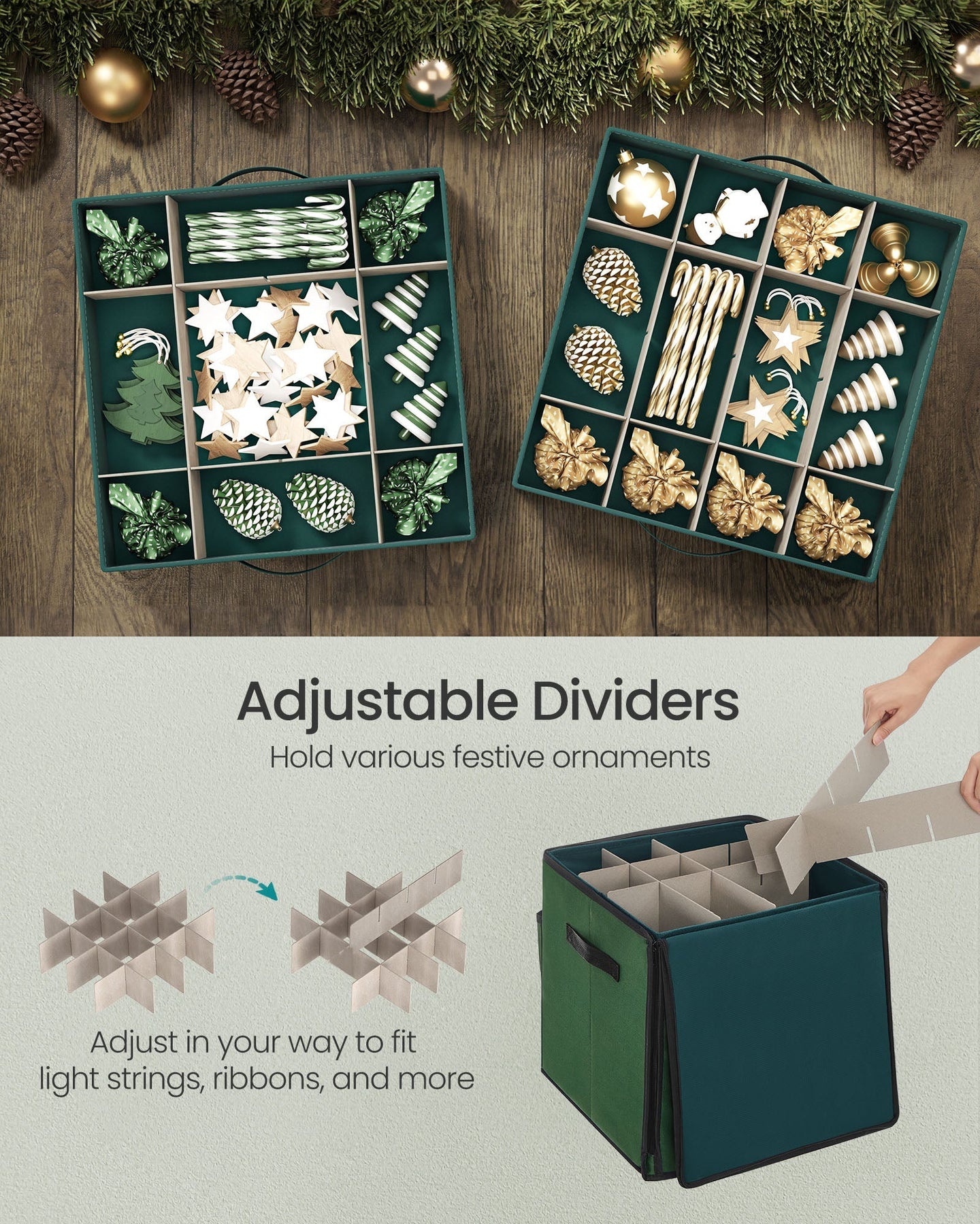 Christmas Decoration Storage Box - 600D Oxford - Forest Green - Stackable with Side Open and 64 Slots
