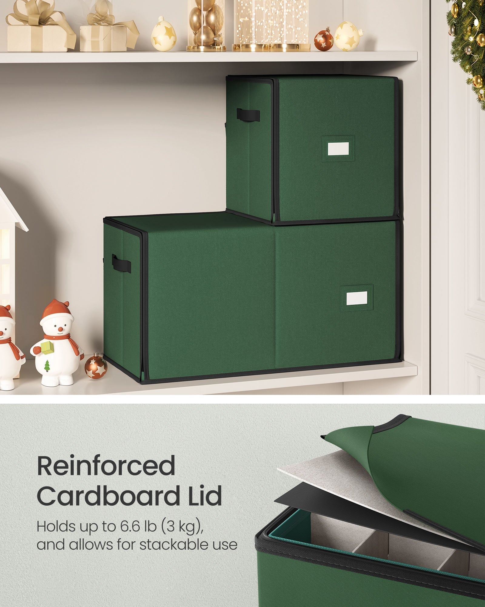 Christmas Decoration Storage Box - 600D Oxford - Forest Green - Stackable with Side Open and 64 Slots