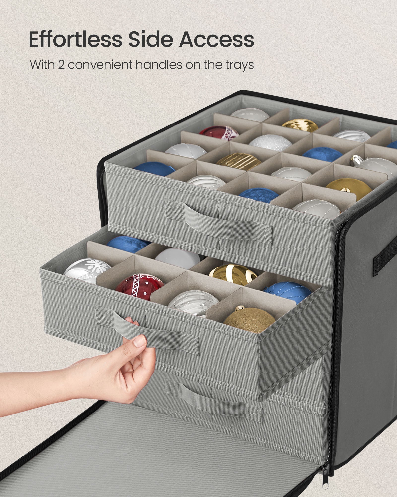 Christmas Decoration Storage Box - 600D Oxford - Dove Grey - Stackable with 4 Drawer Trays and 64 Slots