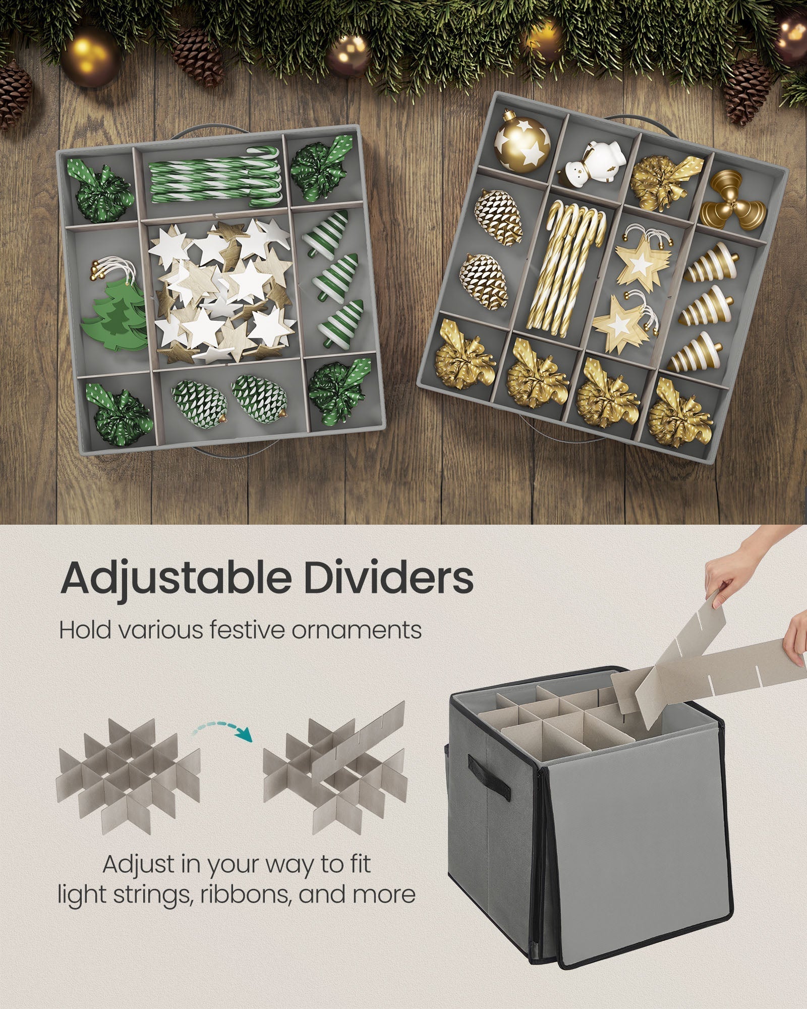 Christmas Decoration Storage Box - 600D Oxford - Dove Grey - Stackable with 4 Drawer Trays and 64 Slots