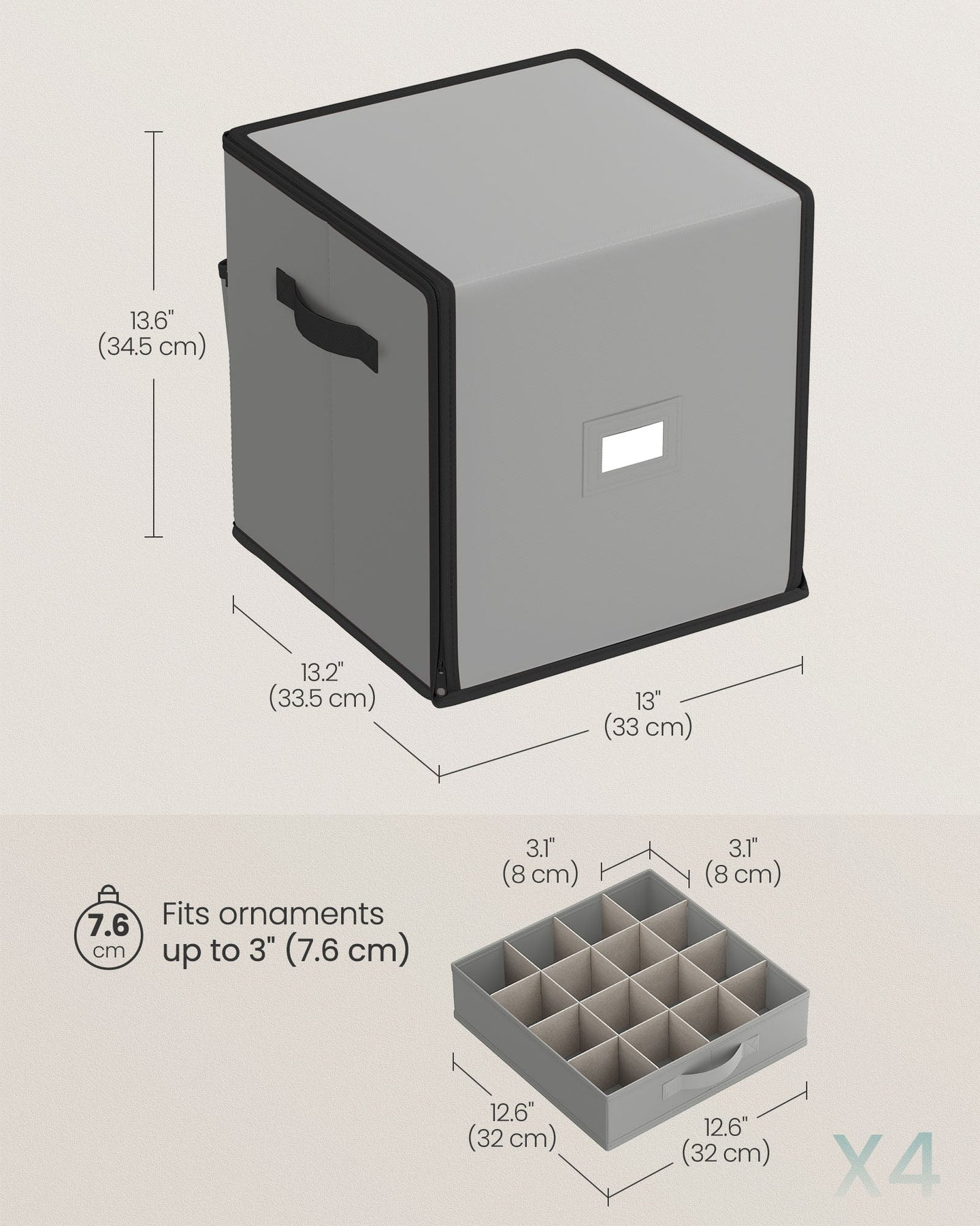 Christmas Decoration Storage Box - 600D Oxford - Dove Grey - Stackable with 4 Drawer Trays and 64 Slots