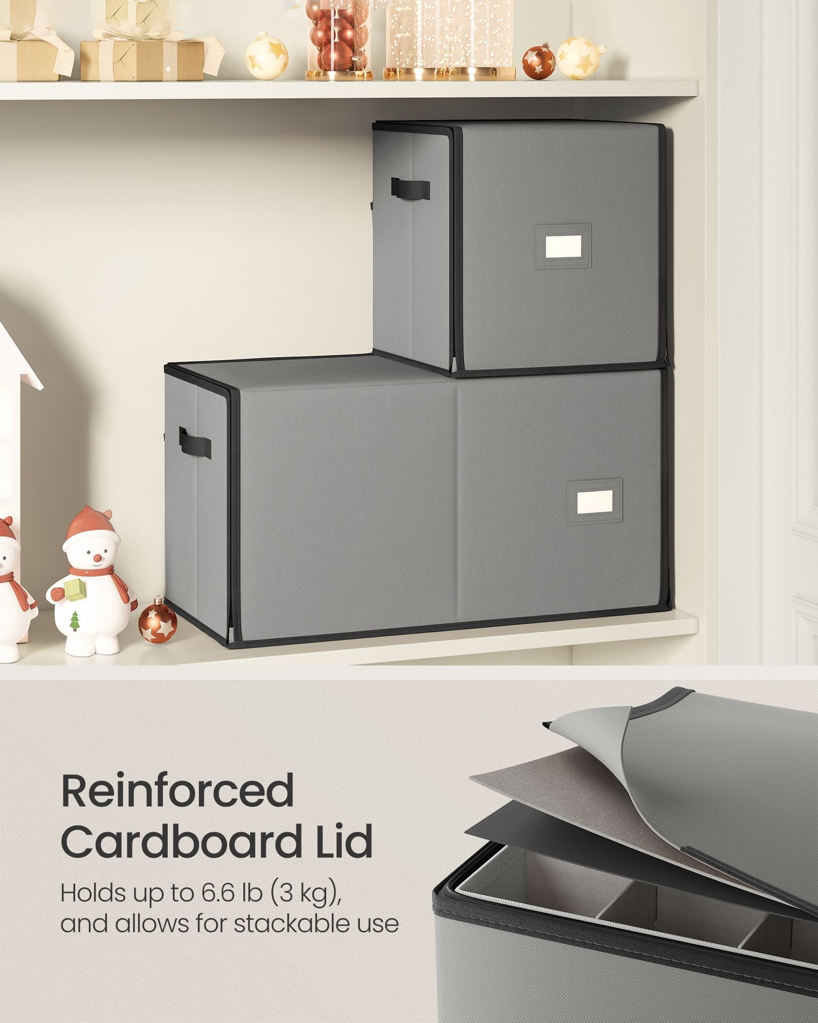 Christmas Decoration Storage Box - 600D Oxford - Dove Grey - Stackable with 4 Drawer Trays and 64 Slots