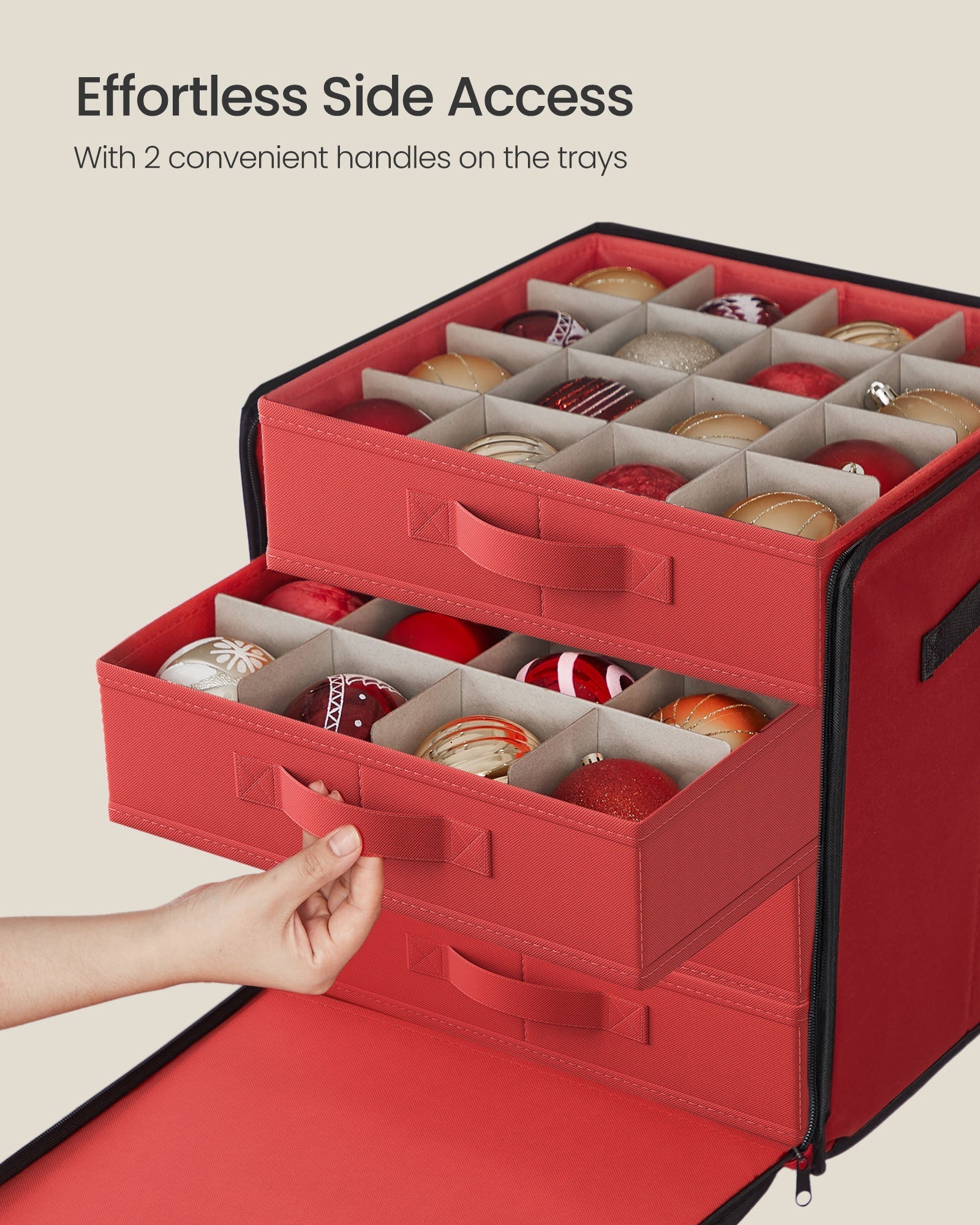 Christmas Decoration Storage Box - 600D Oxford - Cherry Red - Stackable with Side Open and 4 Drawer Trays