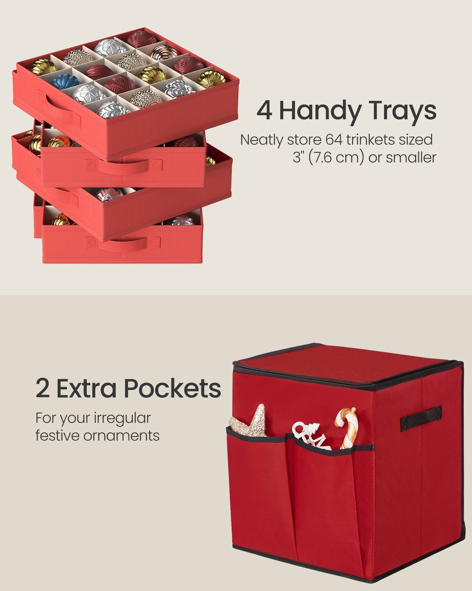 Christmas Decoration Storage Box - 600D Oxford - Cherry Red - Stackable with Side Open and 4 Drawer Trays