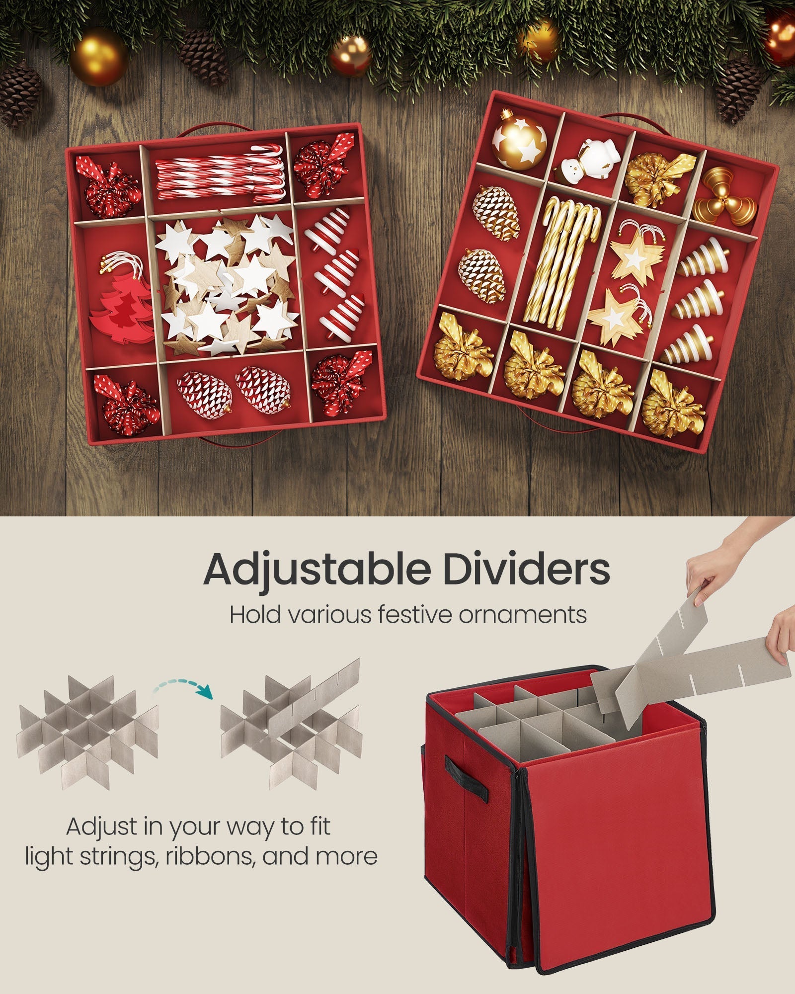 Christmas Decoration Storage Box - 600D Oxford - Cherry Red - Stackable with Side Open and 4 Drawer Trays