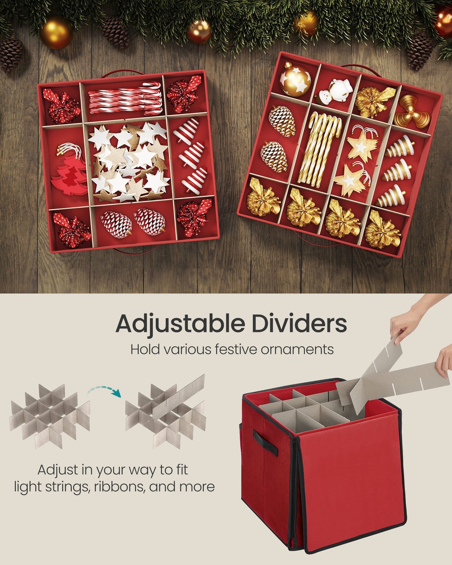 Christmas Decoration Storage Box - 600D Oxford - Cherry Red - Stackable with Side Open and 4 Drawer Trays