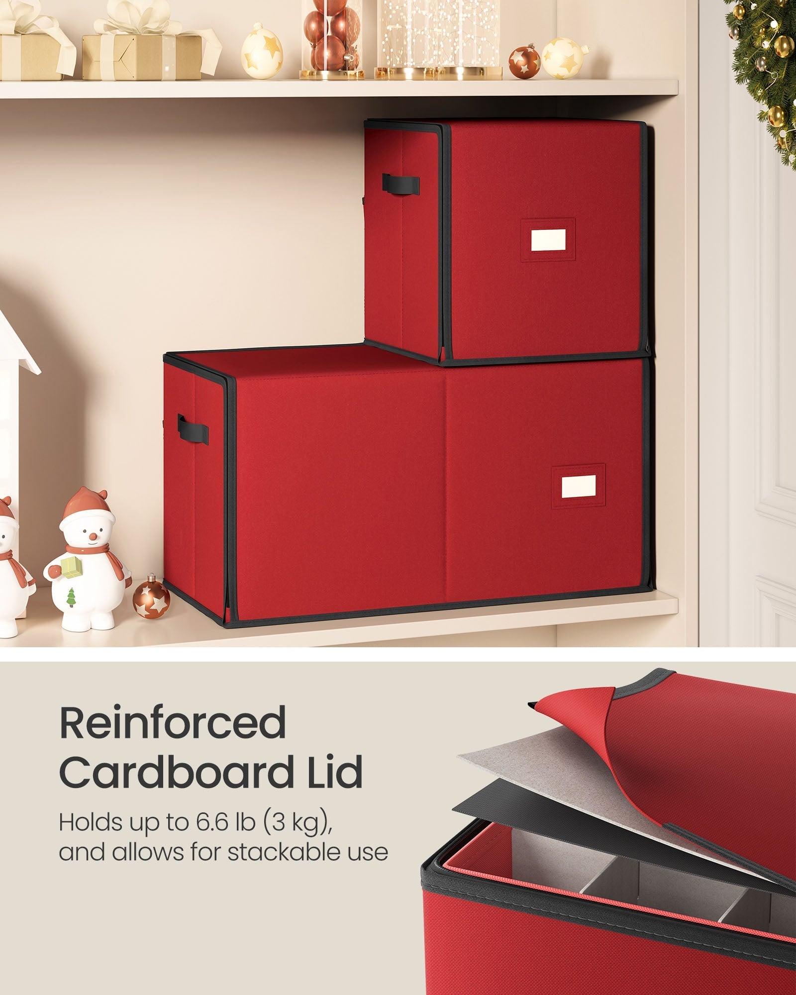 Christmas Decoration Storage Box - 600D Oxford - Cherry Red - Stackable with Side Open and 4 Drawer Trays