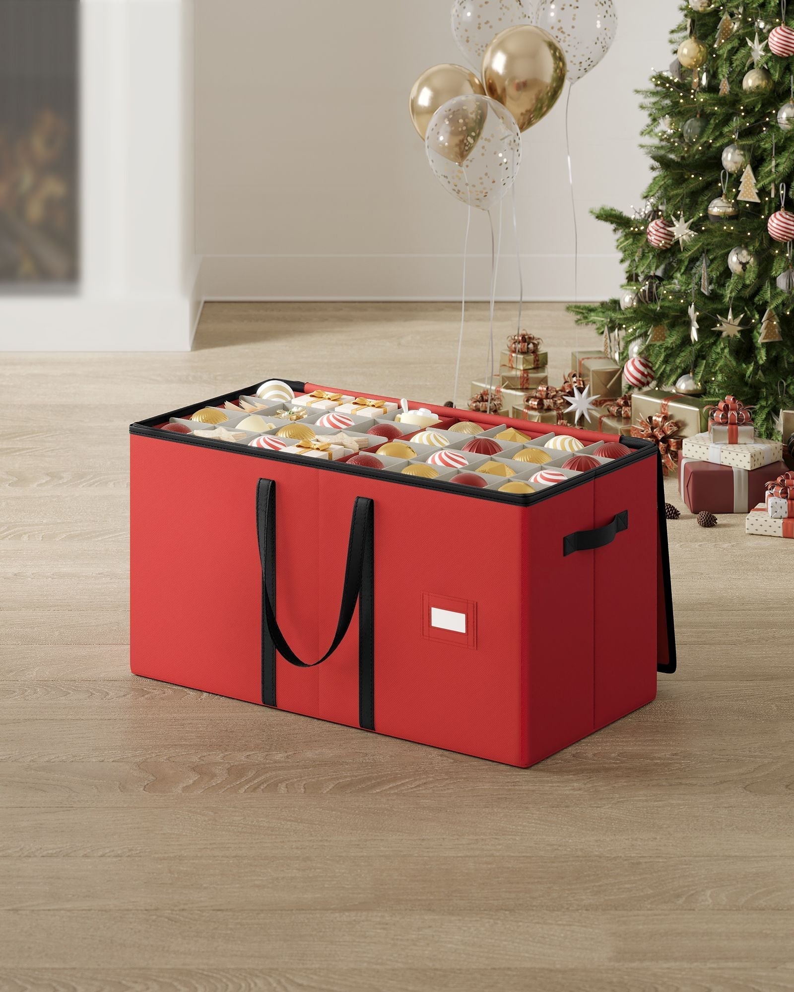 Christmas Decoration Storage Box - Non-Woven Fabric - Red - Stackable with Adjustable Dividers and Dual Zippers