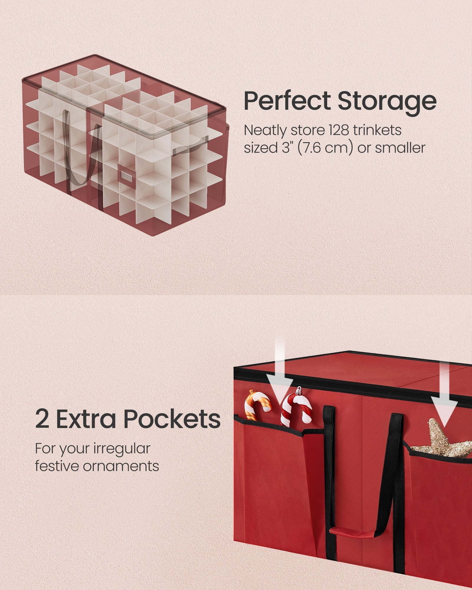 Christmas Decoration Storage Box - Non-Woven Fabric - Red - Stackable with Adjustable Dividers and Dual Zippers