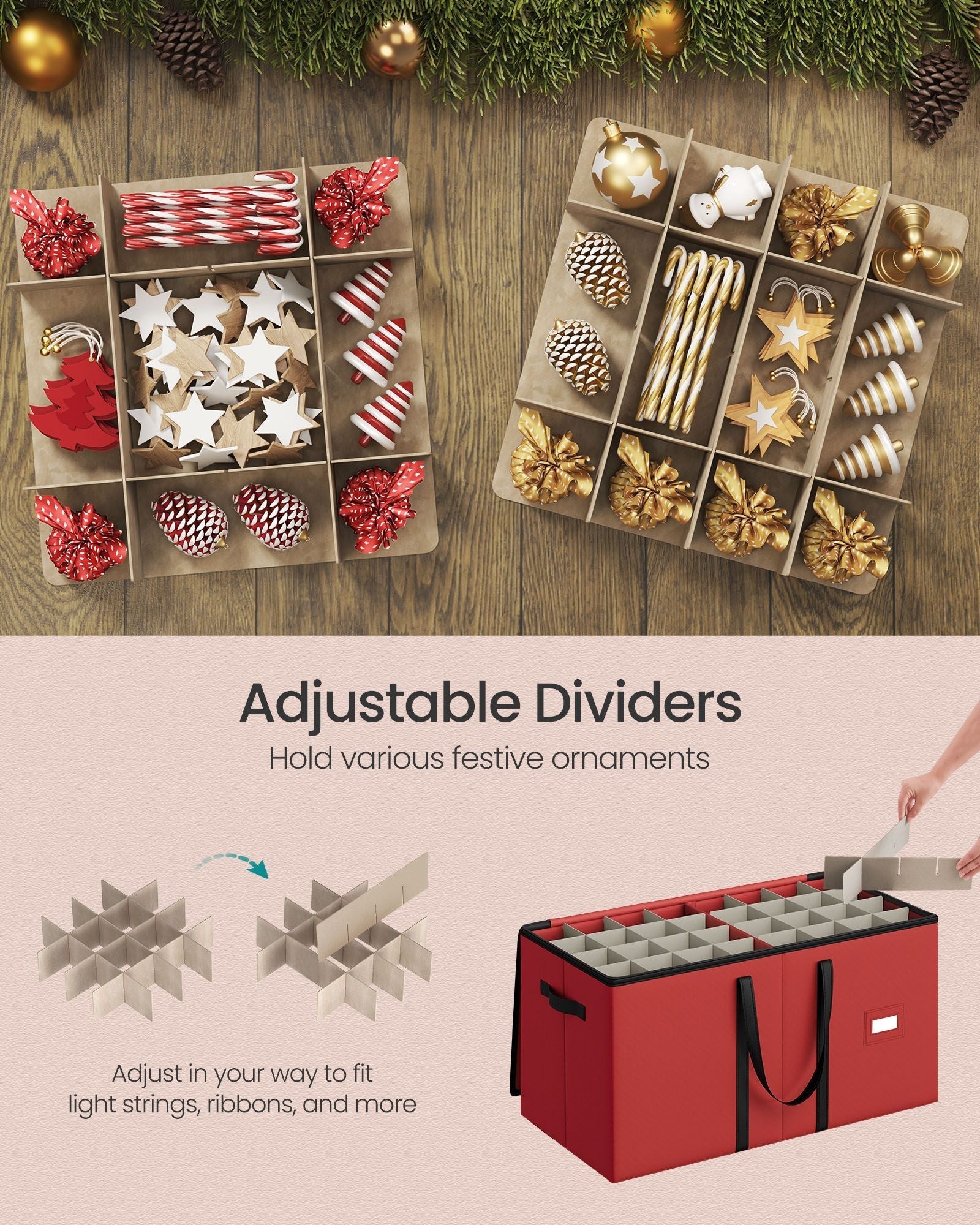 Christmas Decoration Storage Box - Non-Woven Fabric - Red - Stackable with Adjustable Dividers and Dual Zippers