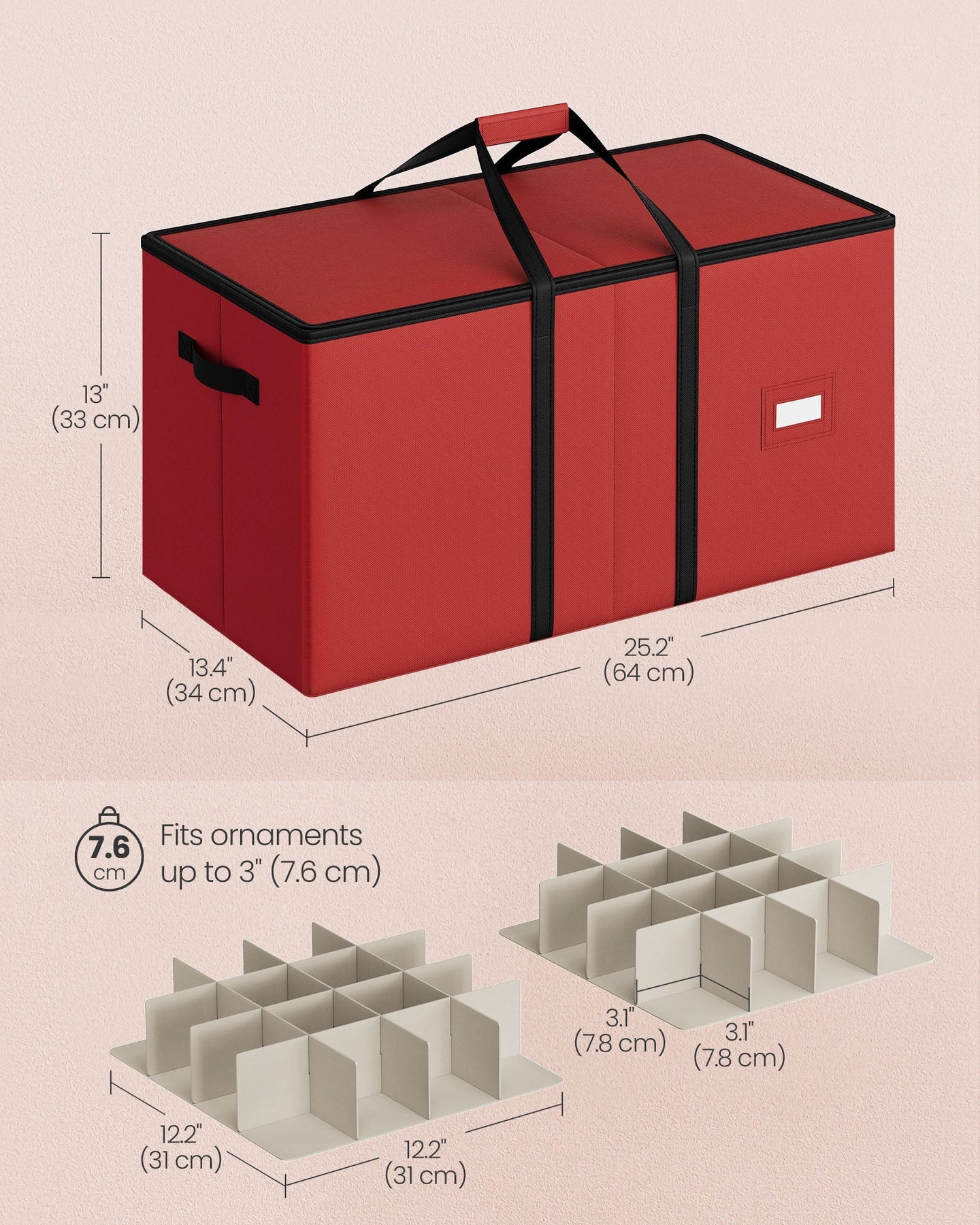 Christmas Decoration Storage Box - Non-Woven Fabric - Red - Stackable with Adjustable Dividers and Dual Zippers