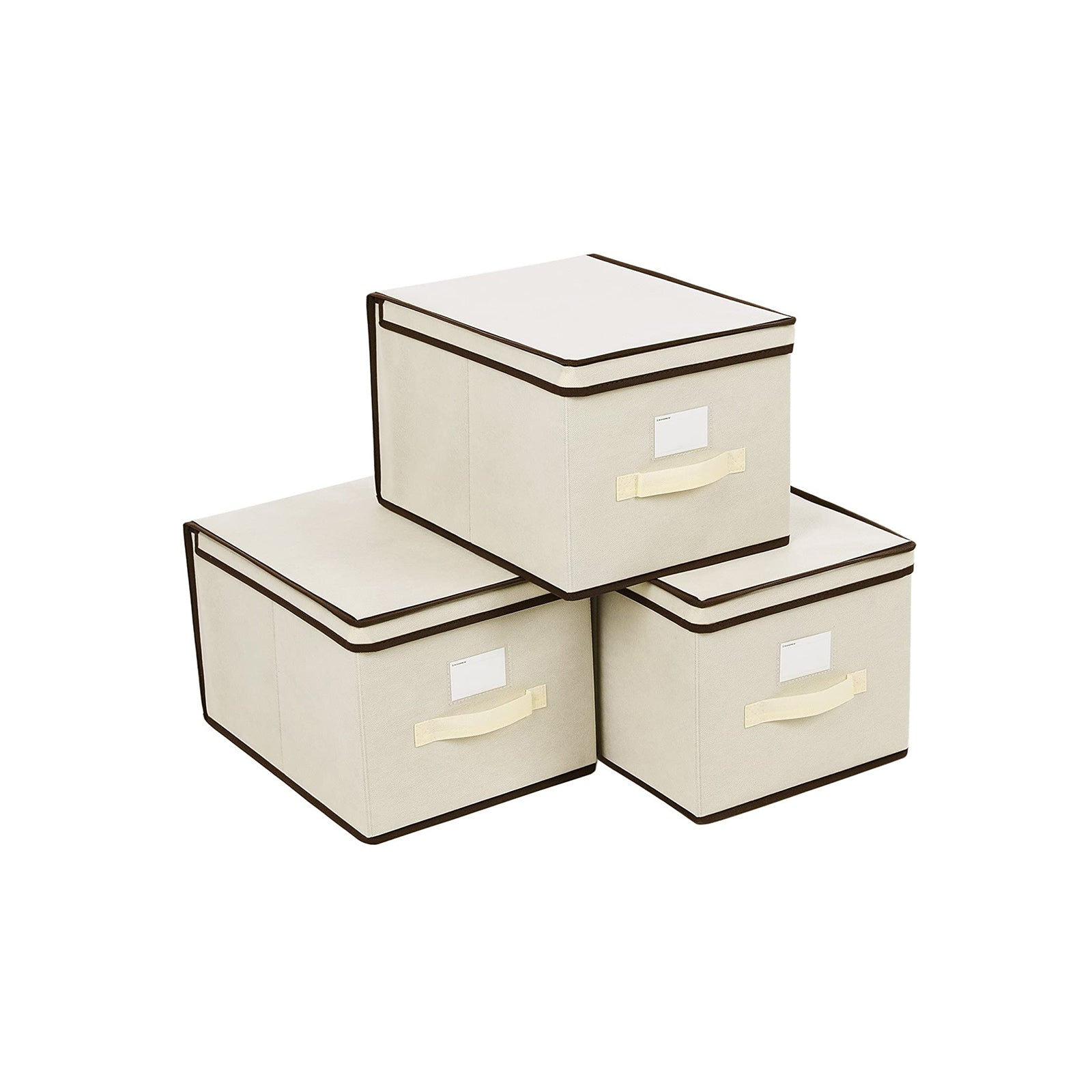 Set of 3 Foldable Fabric Storage Boxes - Beige - Includes Lids and Label Holders