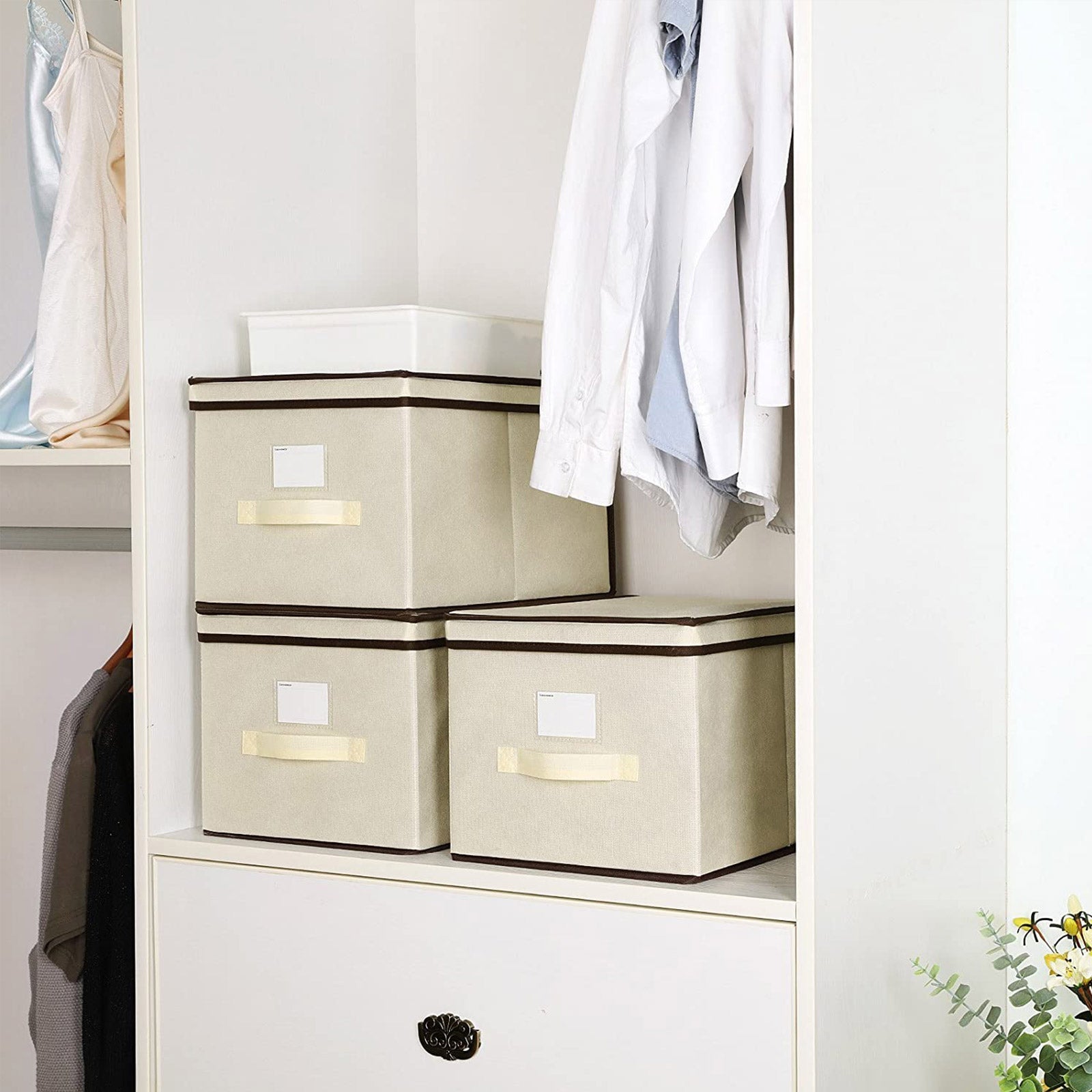 Set of 3 Foldable Fabric Storage Boxes - Beige - Includes Lids and Label Holders