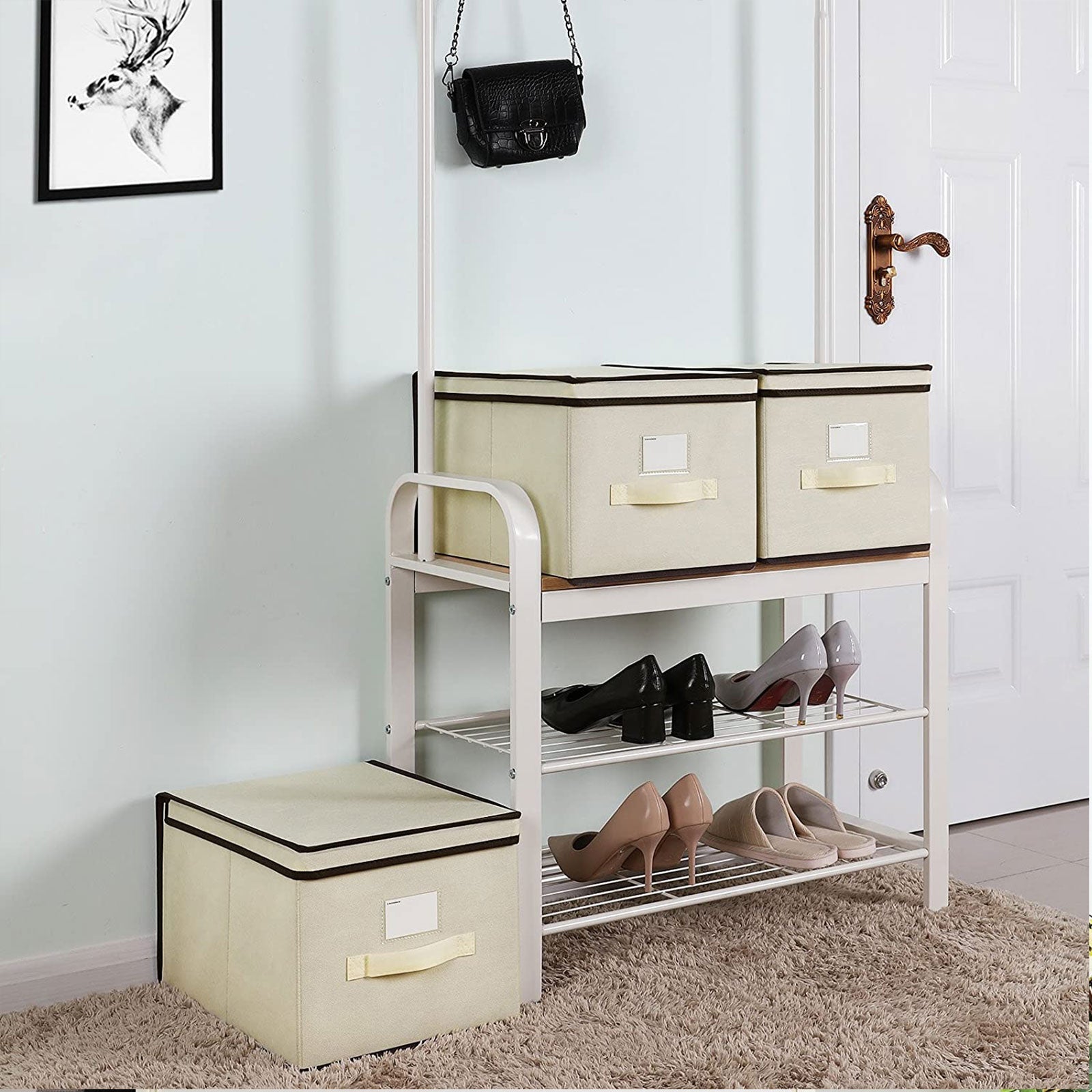Set of 3 Foldable Fabric Storage Boxes - Beige - Includes Lids and Label Holders