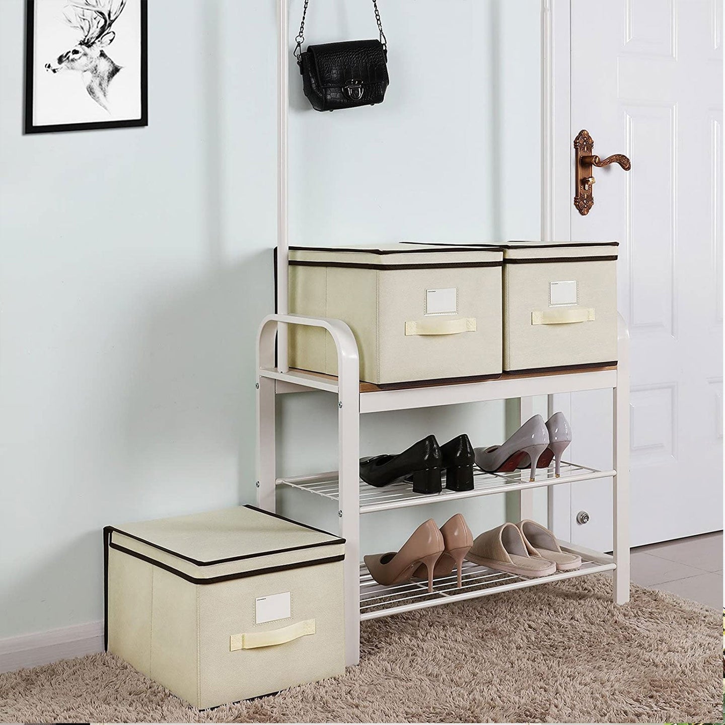 Set of 3 Foldable Fabric Storage Boxes - Beige - Includes Lids and Label Holders