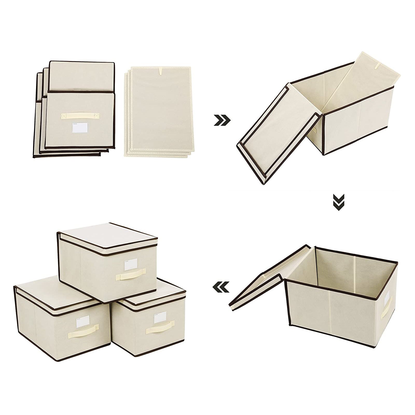 Set of 3 Foldable Fabric Storage Boxes - Beige - Includes Lids and Label Holders